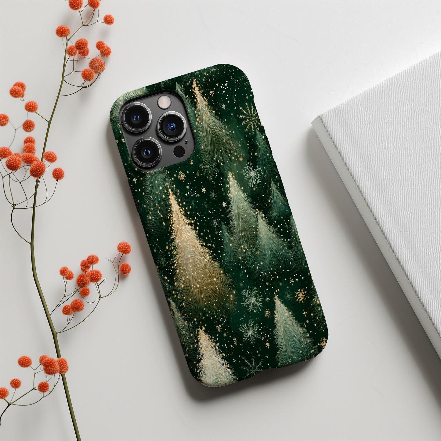 Golden Evergreen Christmas Phone Case – Festive Tree Design