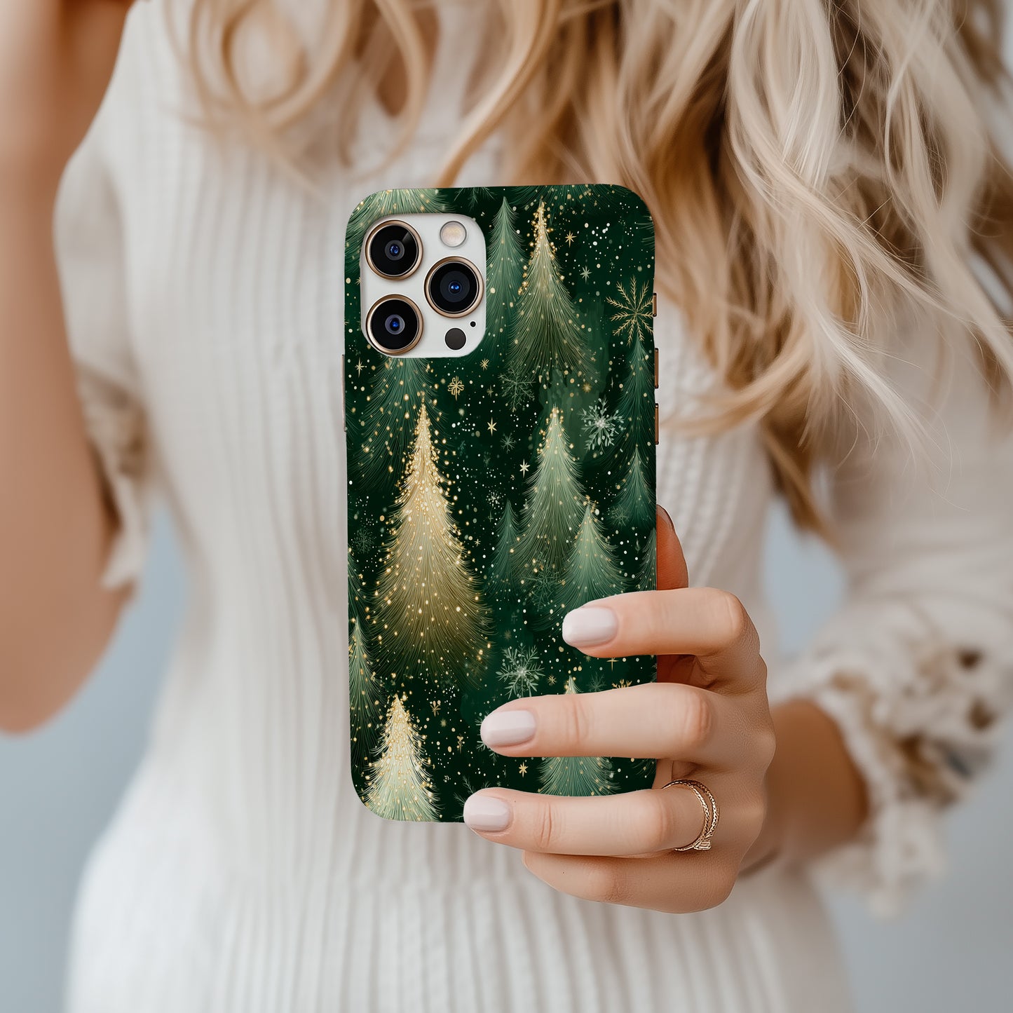 Golden Evergreen Christmas Phone Case – Festive Tree Design