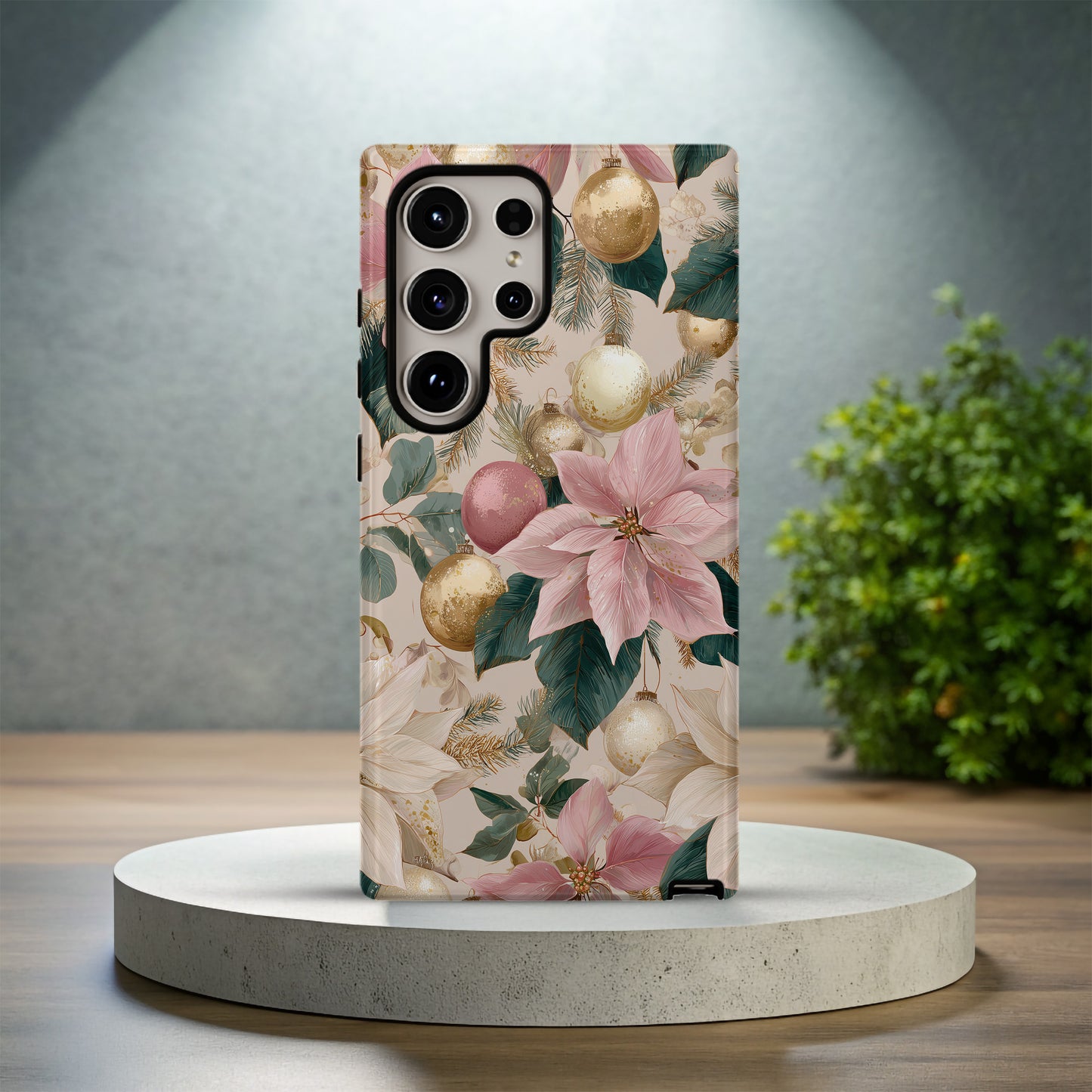 🎀 Blush & Gold Holiday Poinsettia Protective Phone Case – Elegant Christmas Glow ✨
