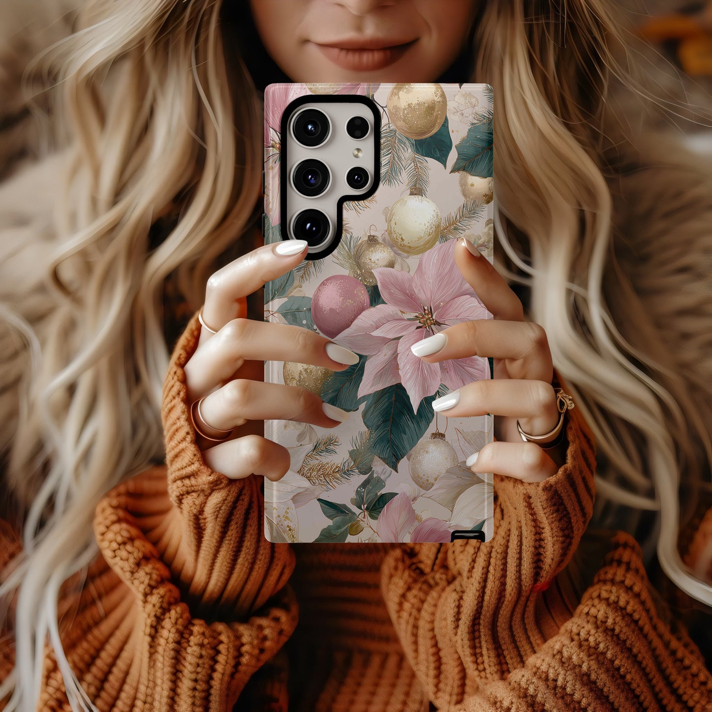 🎀 Blush & Gold Holiday Poinsettia Protective Phone Case – Elegant Christmas Glow ✨