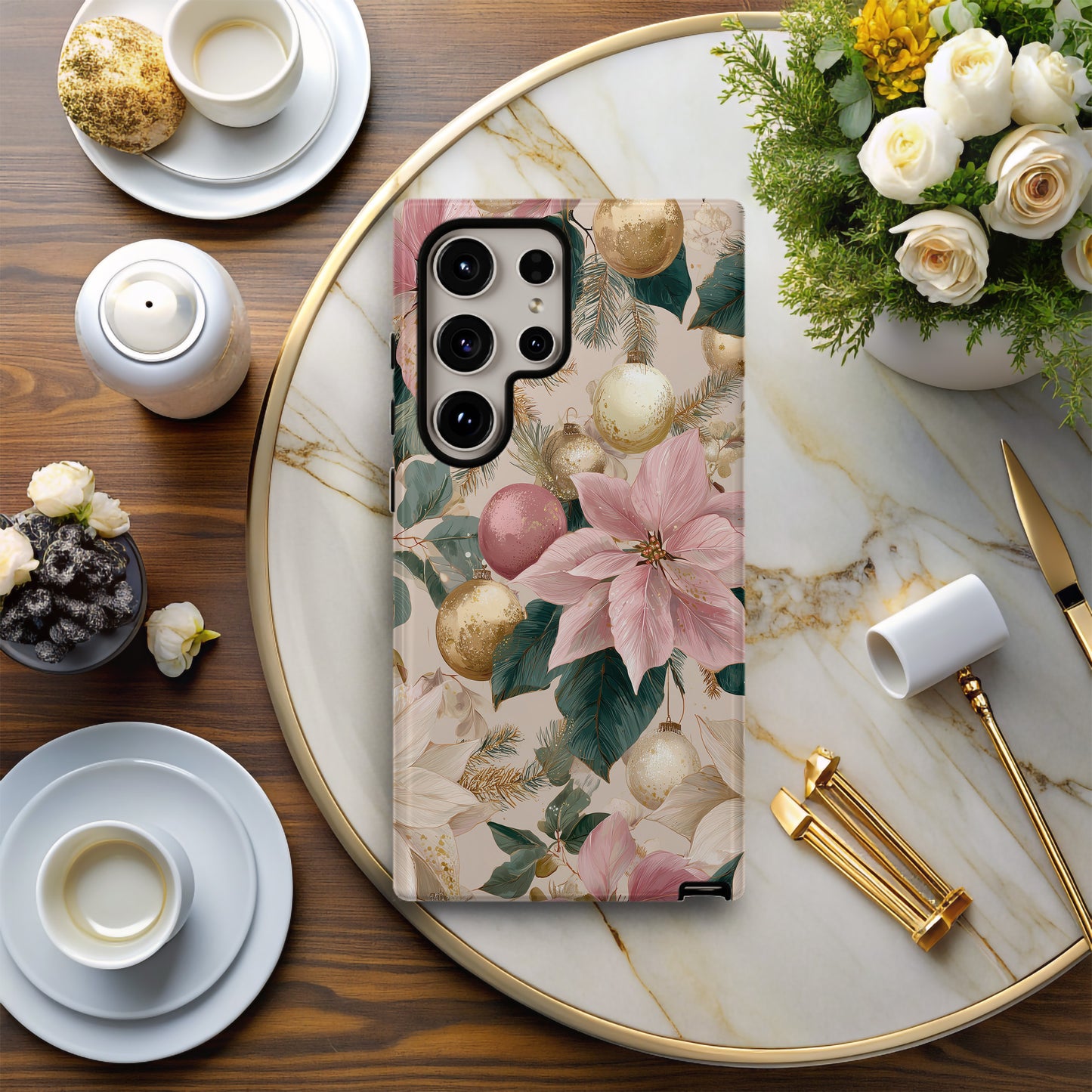 🎀 Blush & Gold Holiday Poinsettia Protective Phone Case – Elegant Christmas Glow ✨