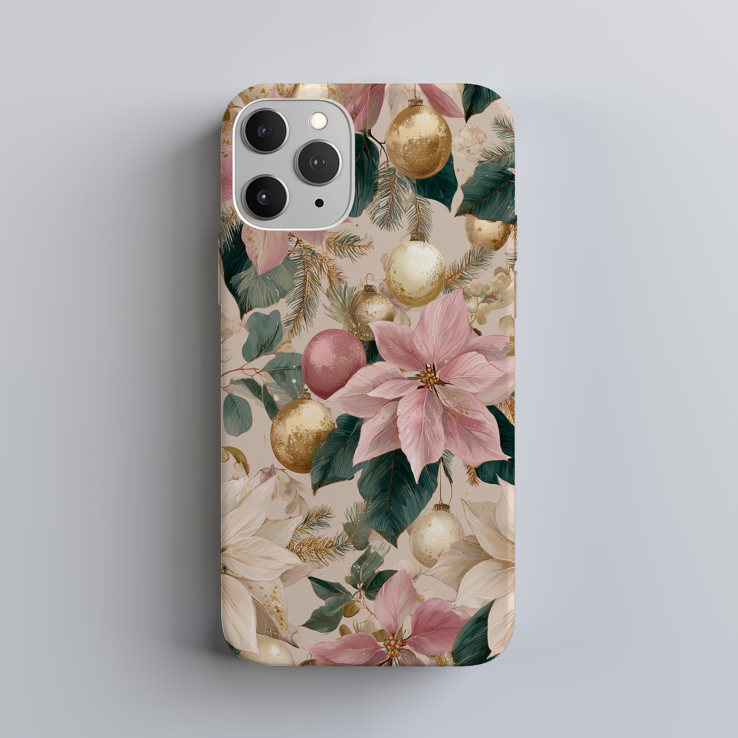 🎀 Blush & Gold Holiday Poinsettia Protective Phone Case – Elegant Christmas Glow ✨