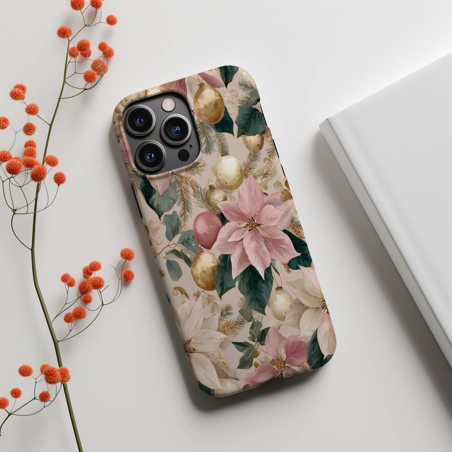 🎀 Blush & Gold Holiday Poinsettia Protective Phone Case – Elegant Christmas Glow ✨