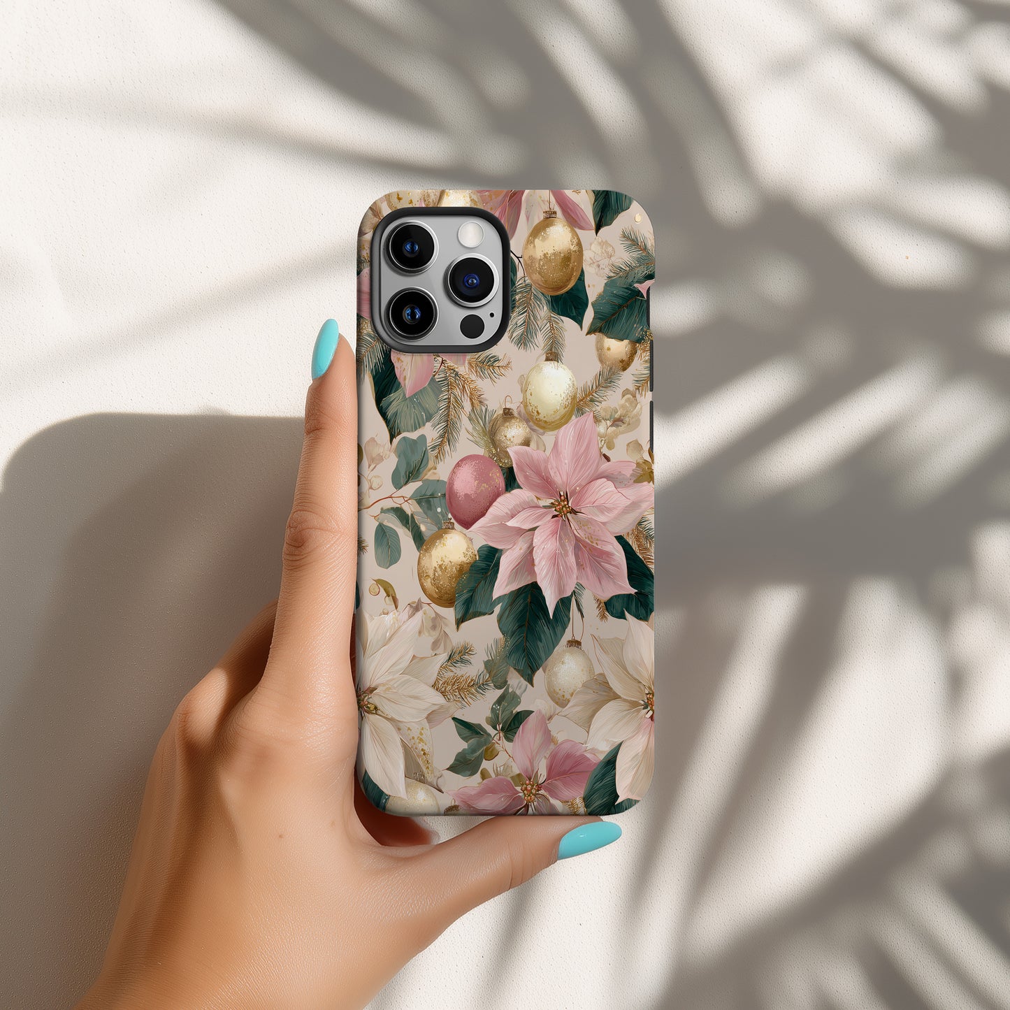🎀 Blush & Gold Holiday Poinsettia Protective Phone Case – Elegant Christmas Glow ✨
