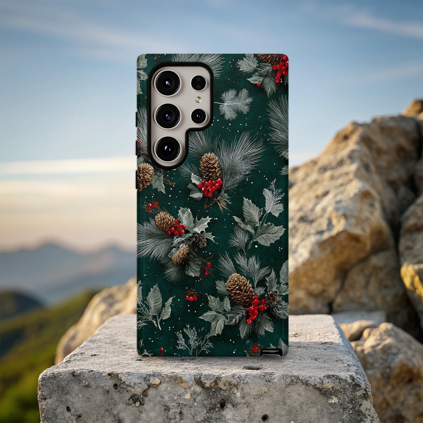 🌲 Winter Pine & Berry Protective Phone Case – Classic Holiday Forest Edition ❄️