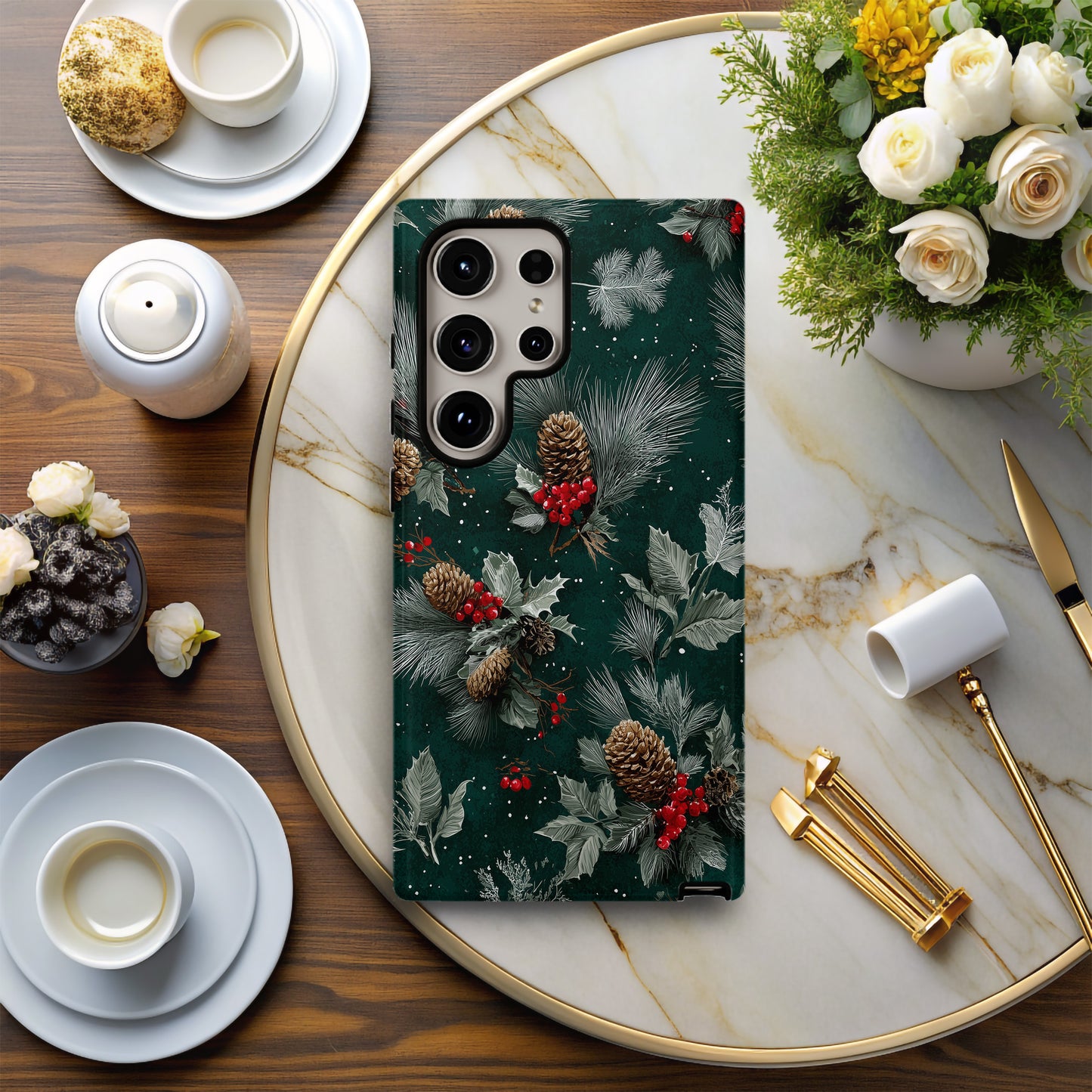 🌲 Winter Pine & Berry Protective Phone Case – Classic Holiday Forest Edition ❄️