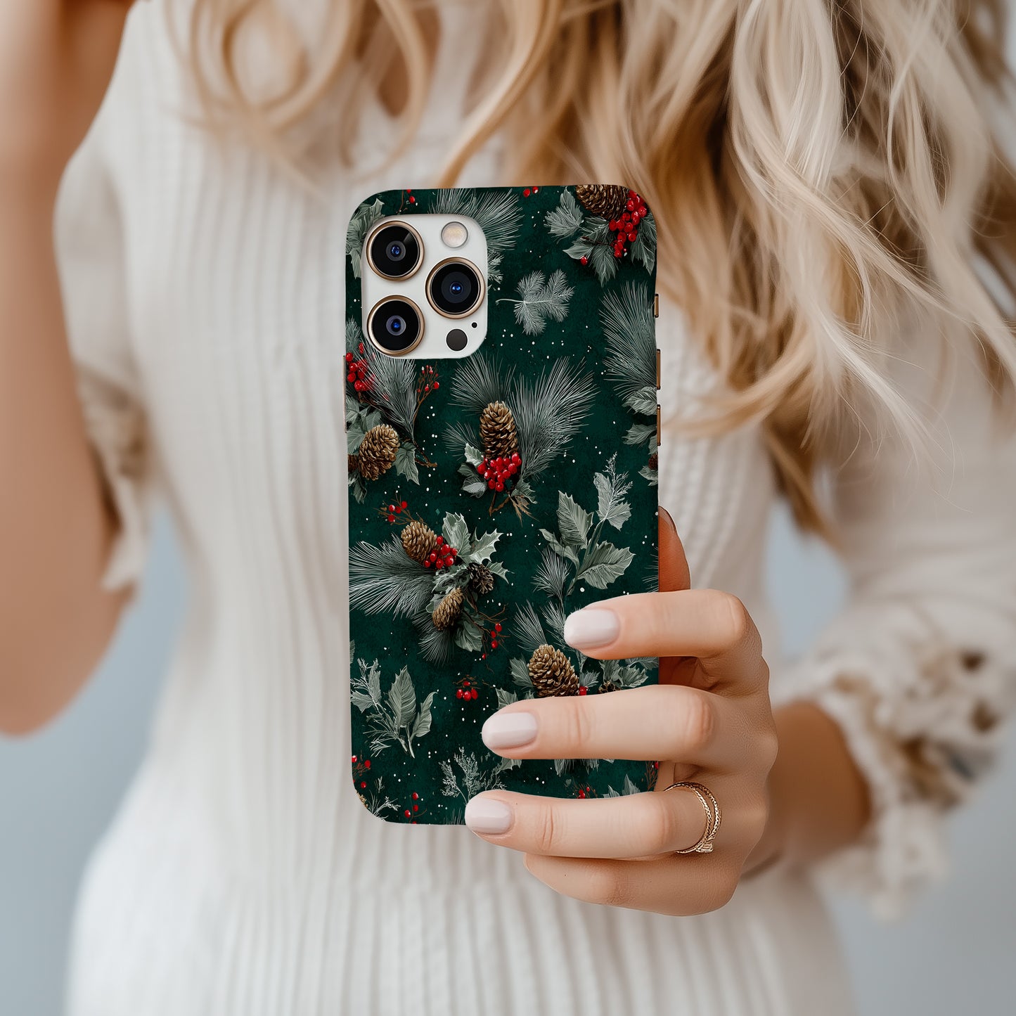 🌲 Winter Pine & Berry Protective Phone Case – Classic Holiday Forest Edition ❄️