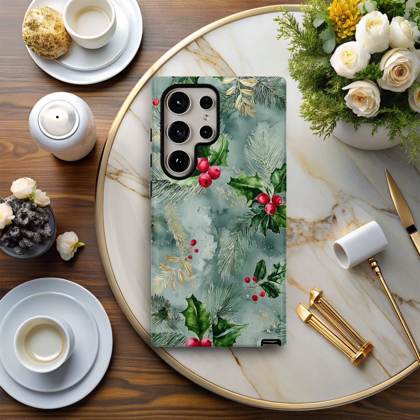 🎄 Frosted Holly Luxe Holiday Protective Phone Case