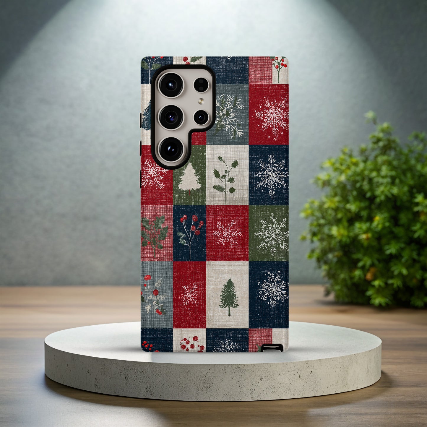 🎁 Cozy Christmas Patchwork Protective Phone Case – Rustic Red, Green & Navy Holiday Design