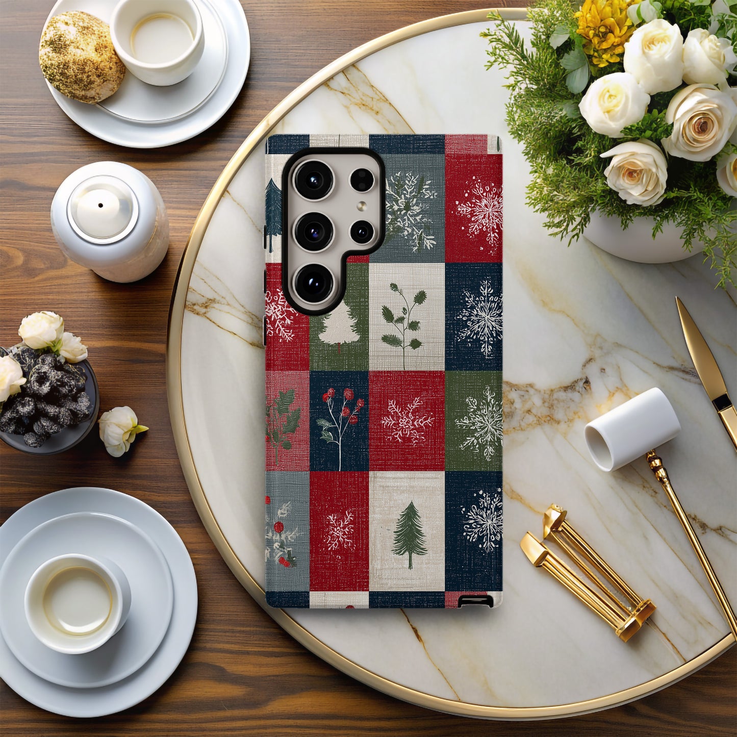 🎁 Cozy Christmas Patchwork Protective Phone Case – Rustic Red, Green & Navy Holiday Design