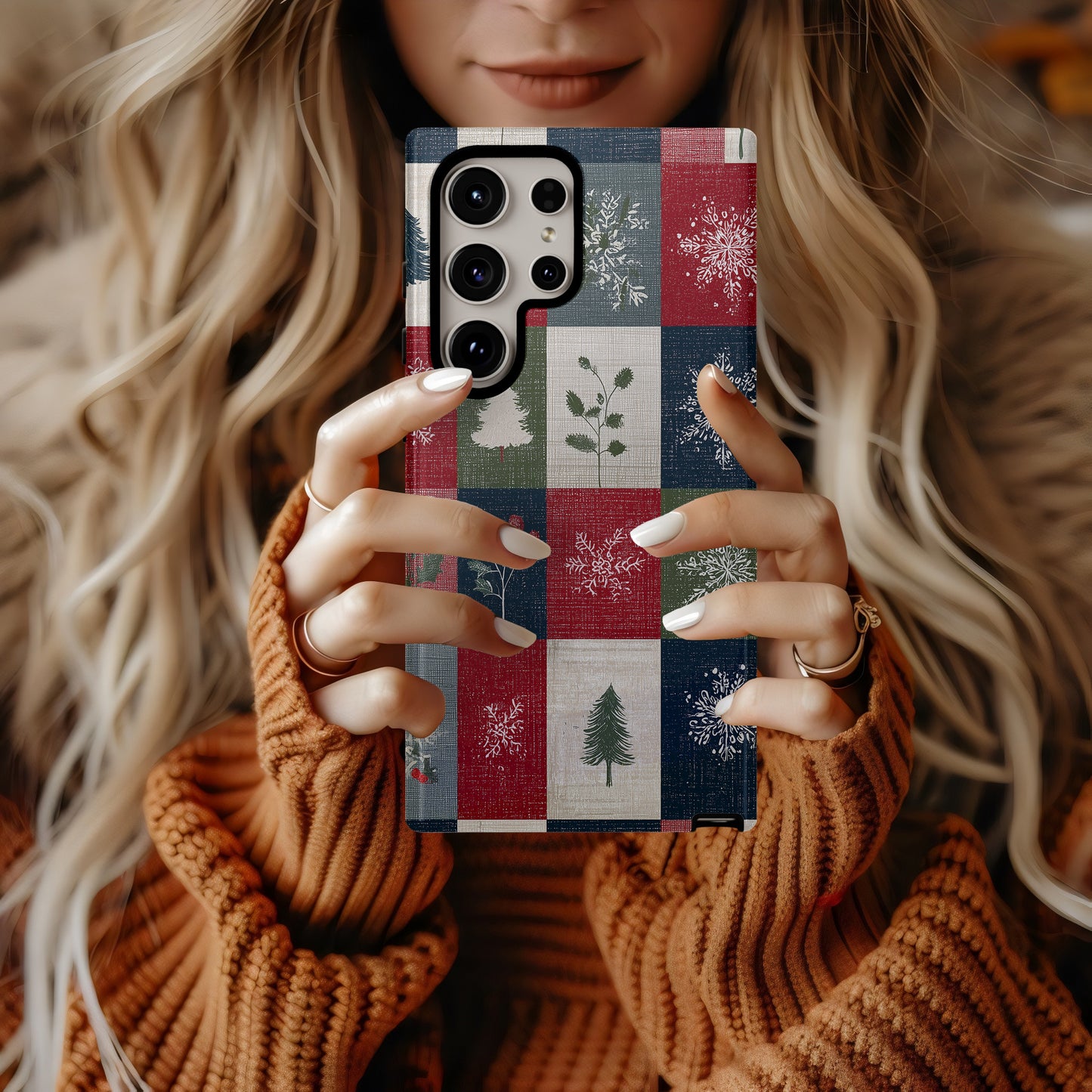 🎁 Cozy Christmas Patchwork Protective Phone Case – Rustic Red, Green & Navy Holiday Design