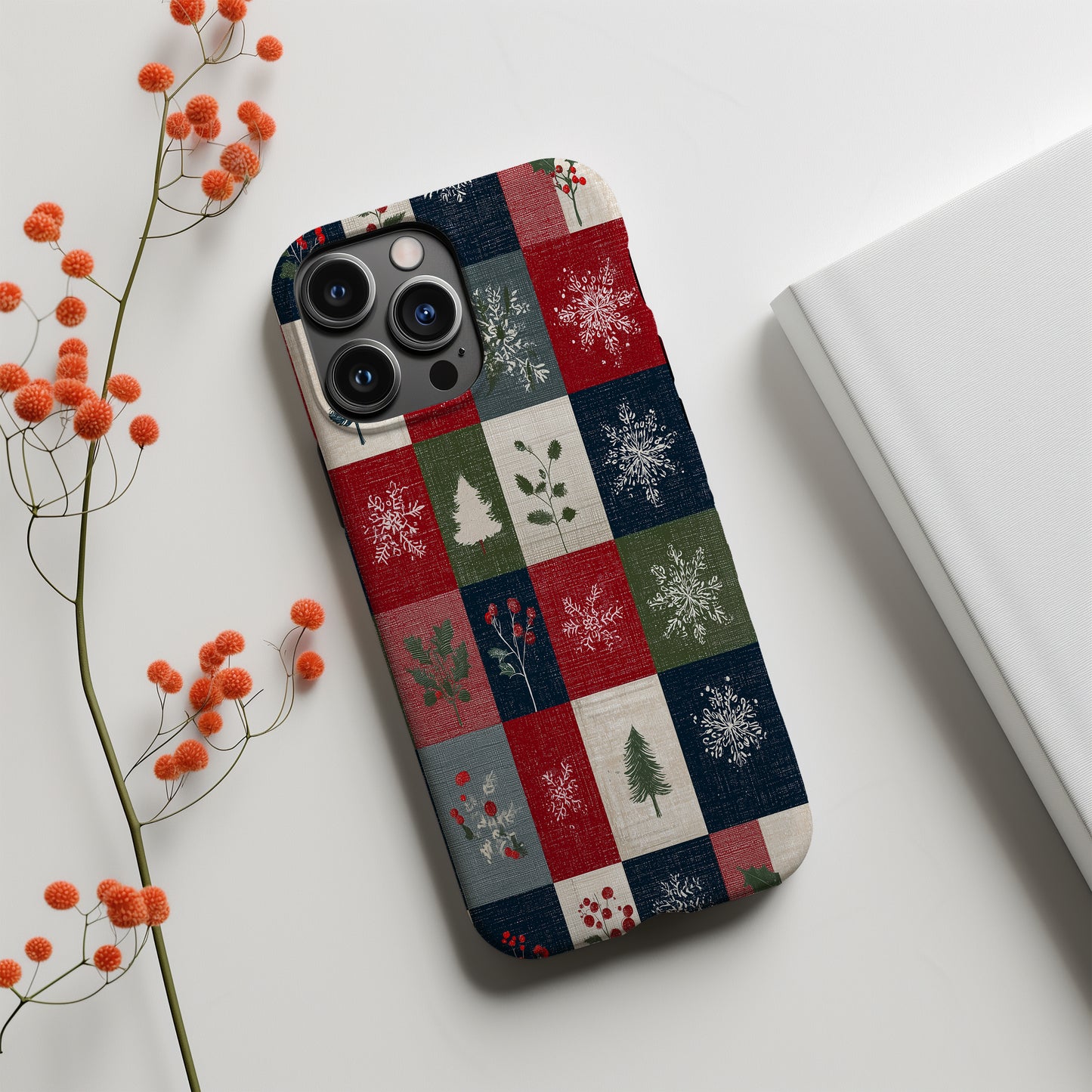 🎁 Cozy Christmas Patchwork Protective Phone Case – Rustic Red, Green & Navy Holiday Design