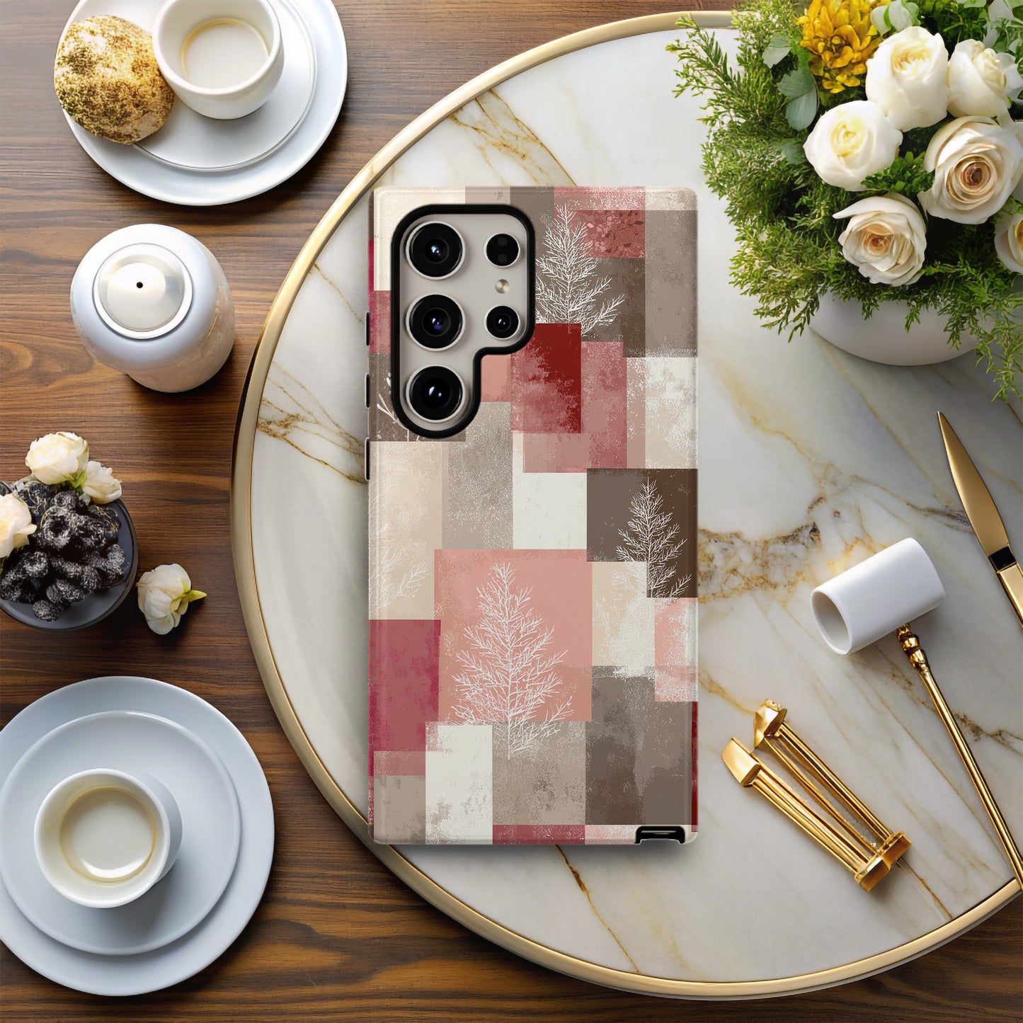 ❄️ Blush Winter Mosaic Protective Phone Case – Modern Neutral Holiday Design