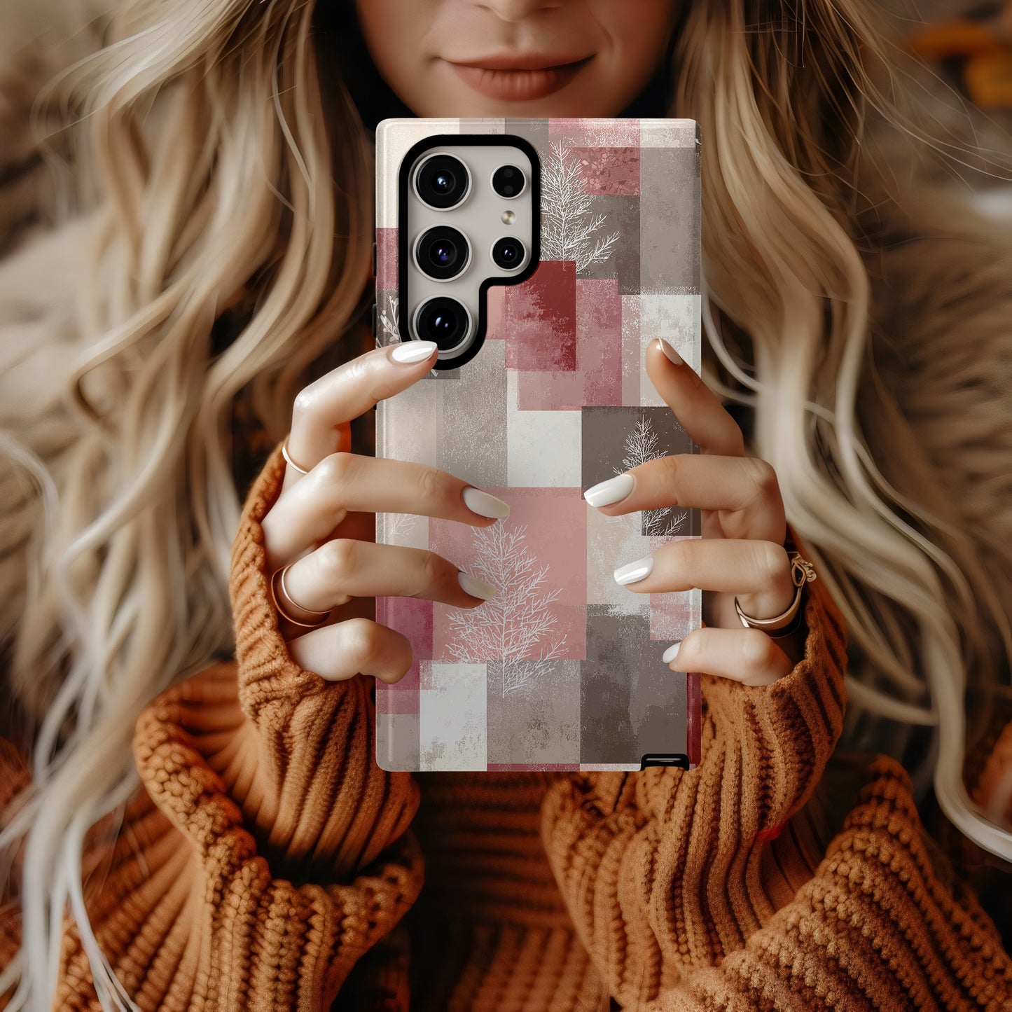 ❄️ Blush Winter Mosaic Protective Phone Case – Modern Neutral Holiday Design