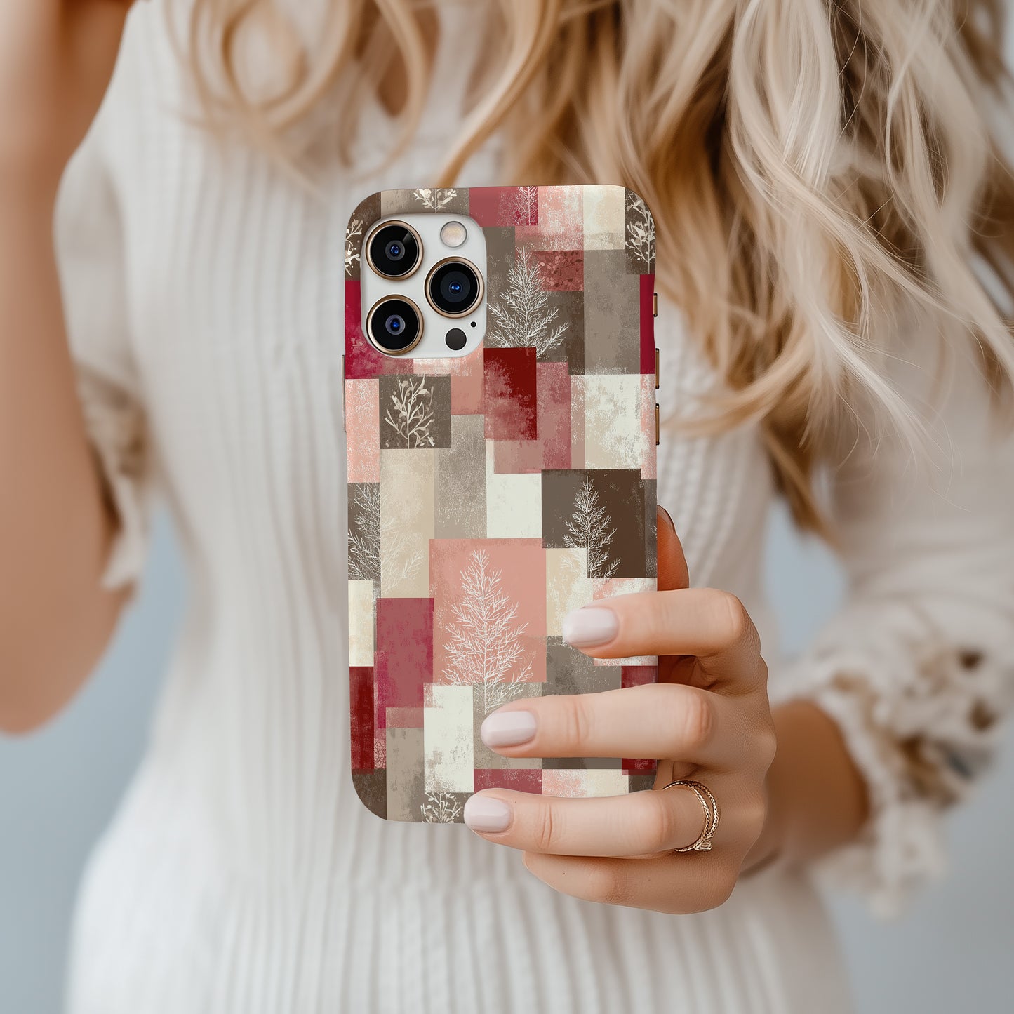 ❄️ Blush Winter Mosaic Protective Phone Case – Modern Neutral Holiday Design