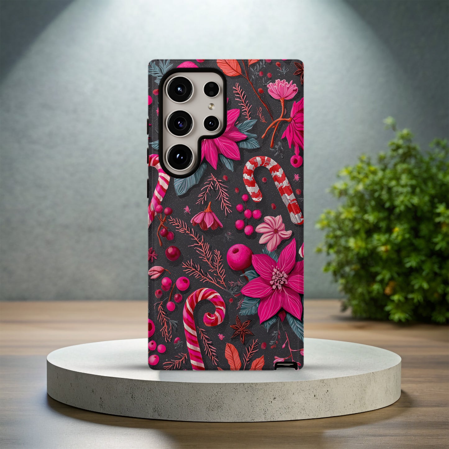🍬 Candy Cane Bloom Protective Phone Case – Festive Pink & Red Holiday Design