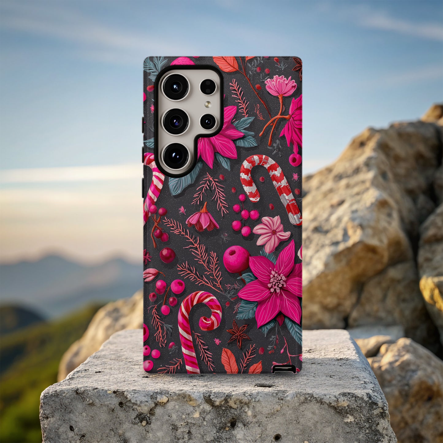 🍬 Candy Cane Bloom Protective Phone Case – Festive Pink & Red Holiday Design