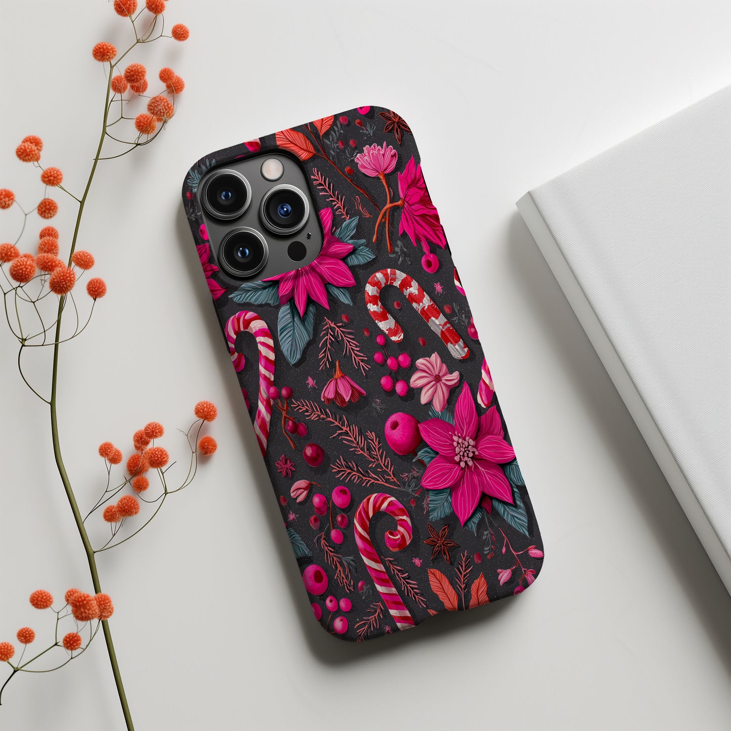 🍬 Candy Cane Bloom Protective Phone Case – Festive Pink & Red Holiday Design