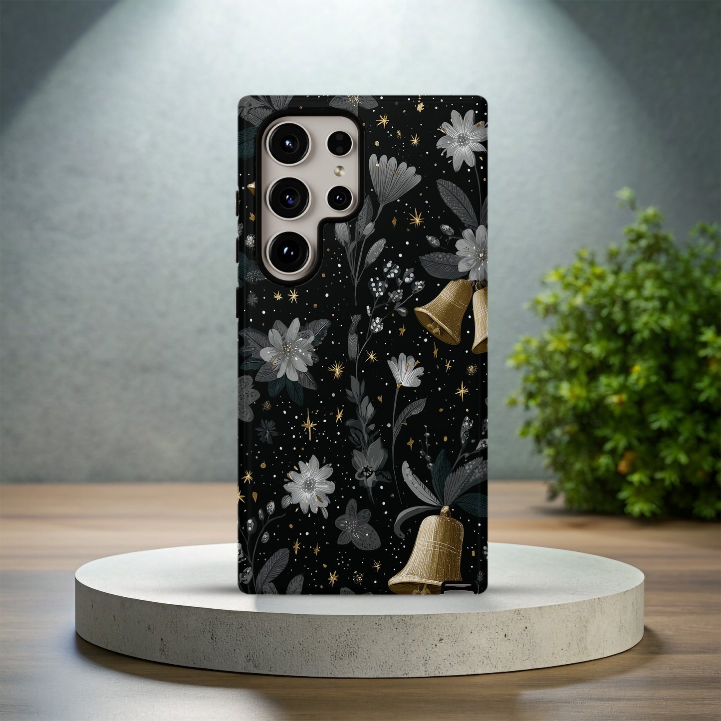 🔔 Midnight Bells Luxury Protective Phone Case – Black & Gold Holiday Floral Design