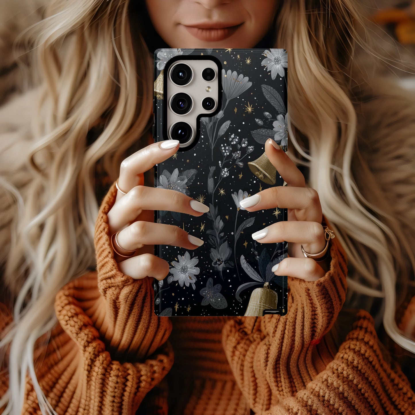 🔔 Midnight Bells Luxury Protective Phone Case – Black & Gold Holiday Floral Design
