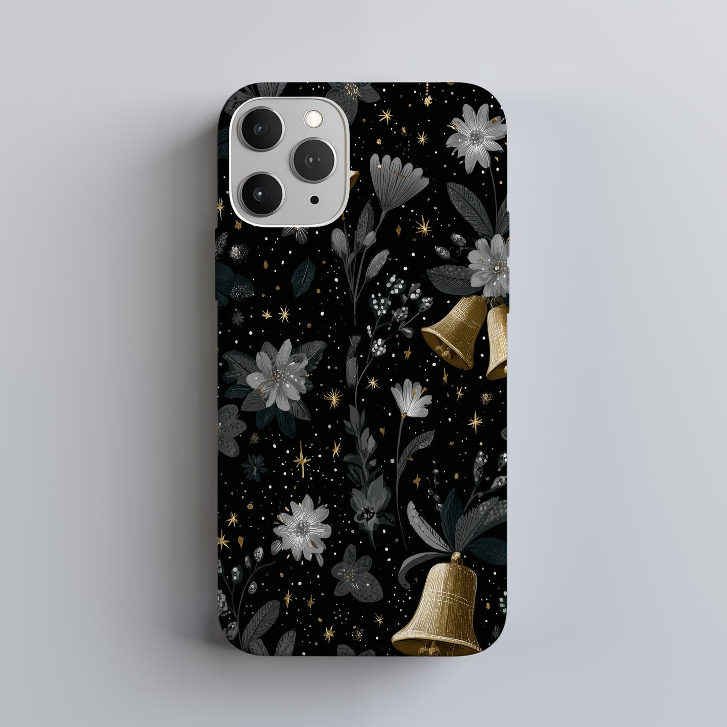 🔔 Midnight Bells Luxury Protective Phone Case – Black & Gold Holiday Floral Design