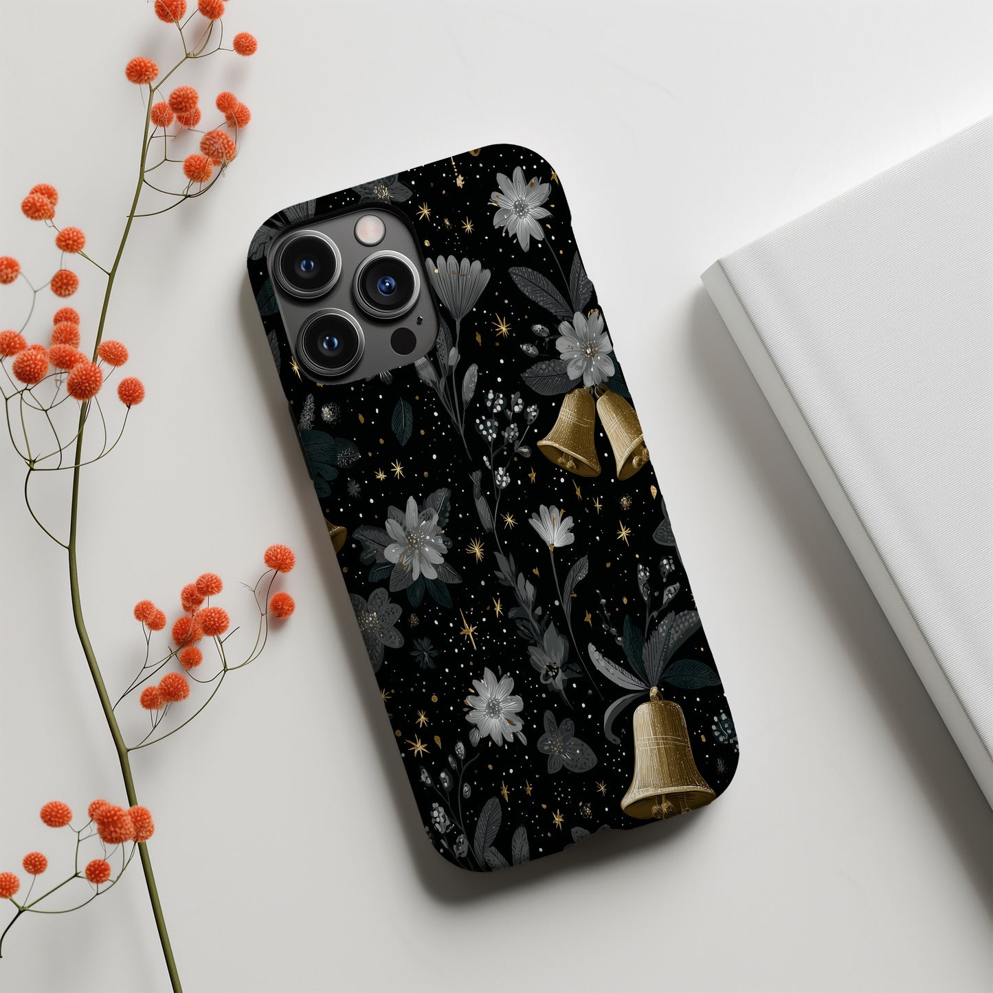 🔔 Midnight Bells Luxury Protective Phone Case – Black & Gold Holiday Floral Design