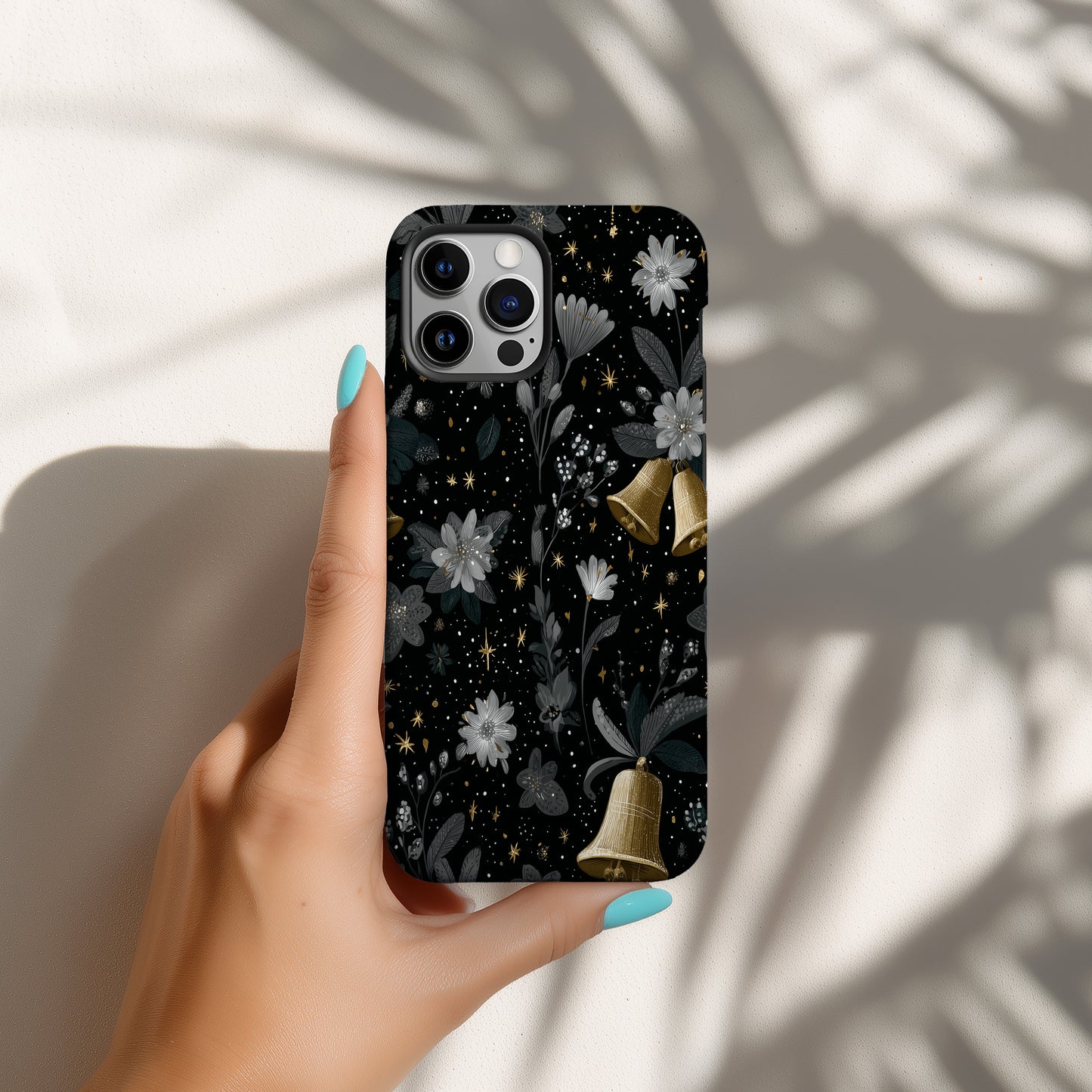 🔔 Midnight Bells Luxury Protective Phone Case – Black & Gold Holiday Floral Design