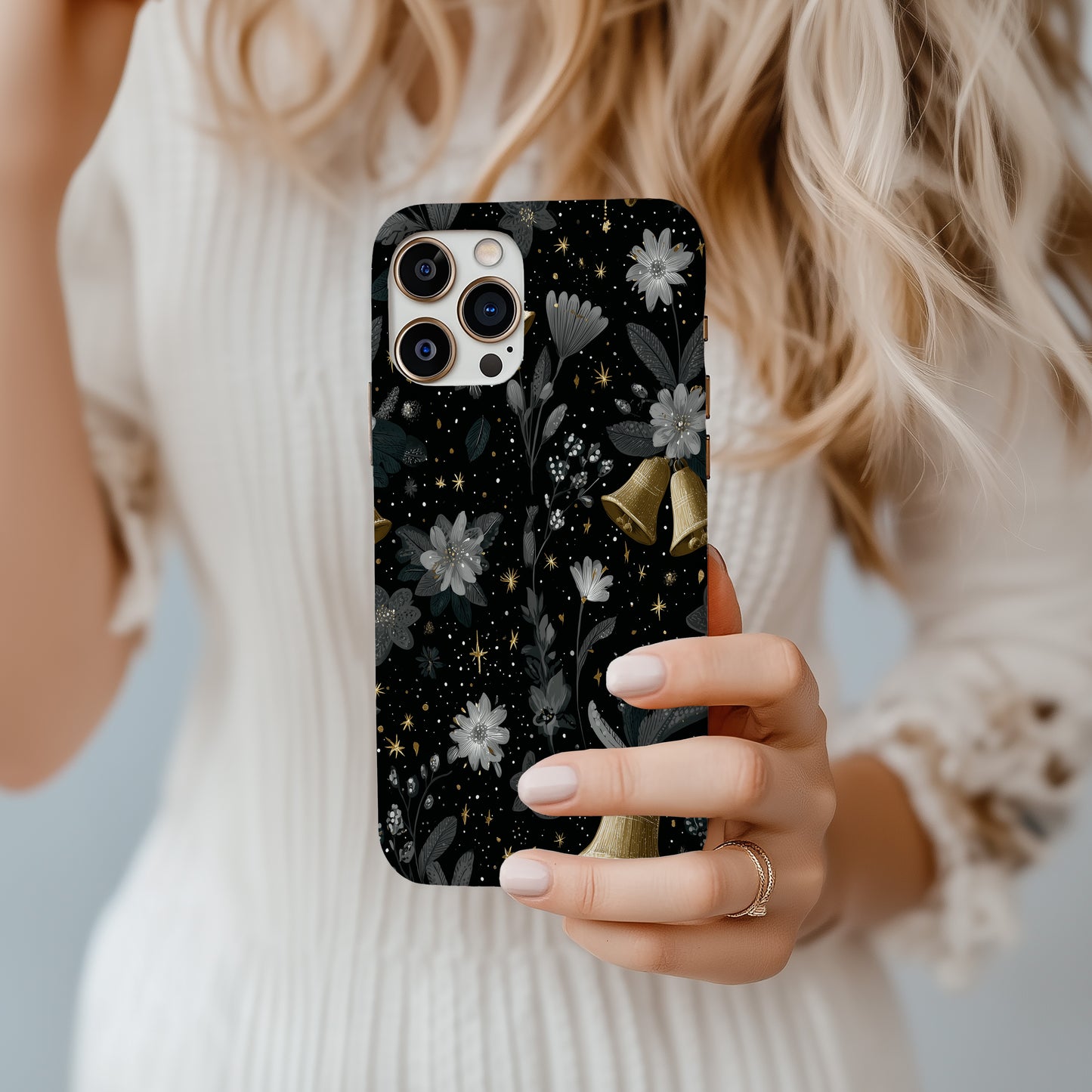 🔔 Midnight Bells Luxury Protective Phone Case – Black & Gold Holiday Floral Design