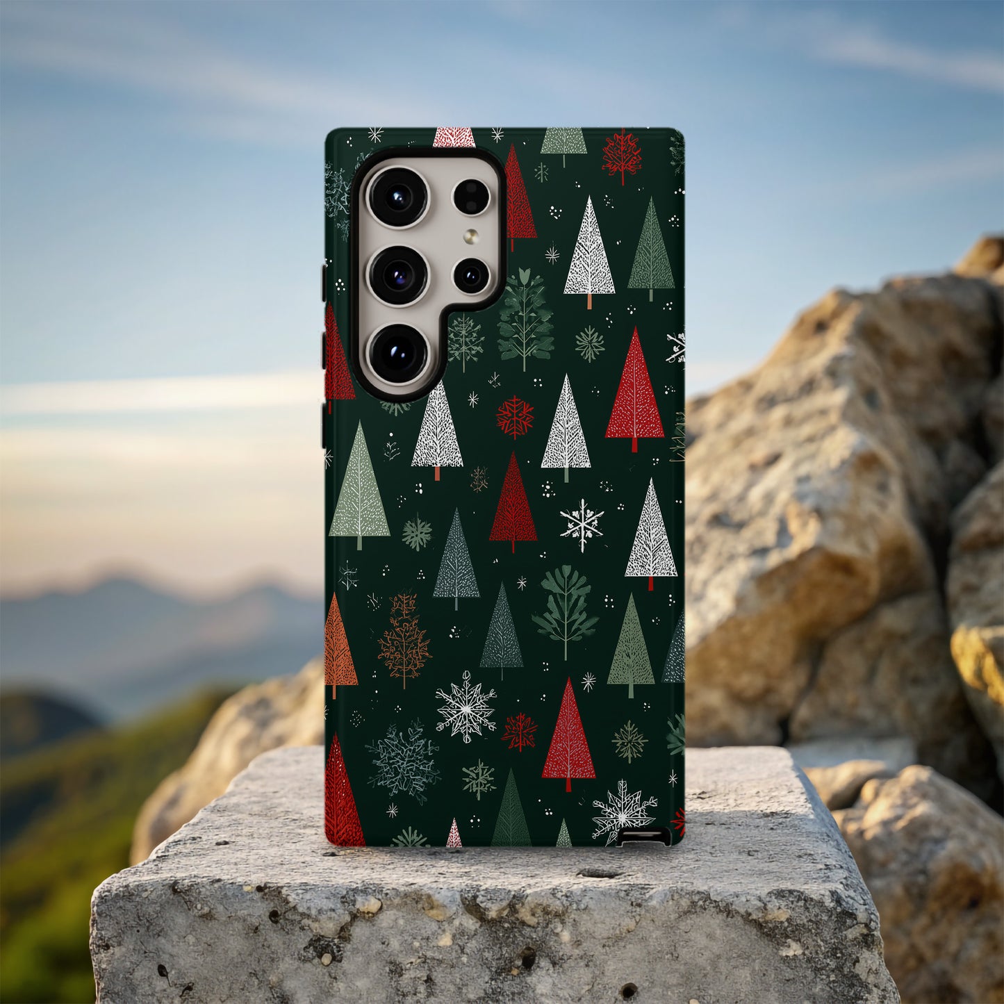 🎄 Evergreen Wonderland Protective Phone Case – Modern Christmas Tree & Snowflake Design