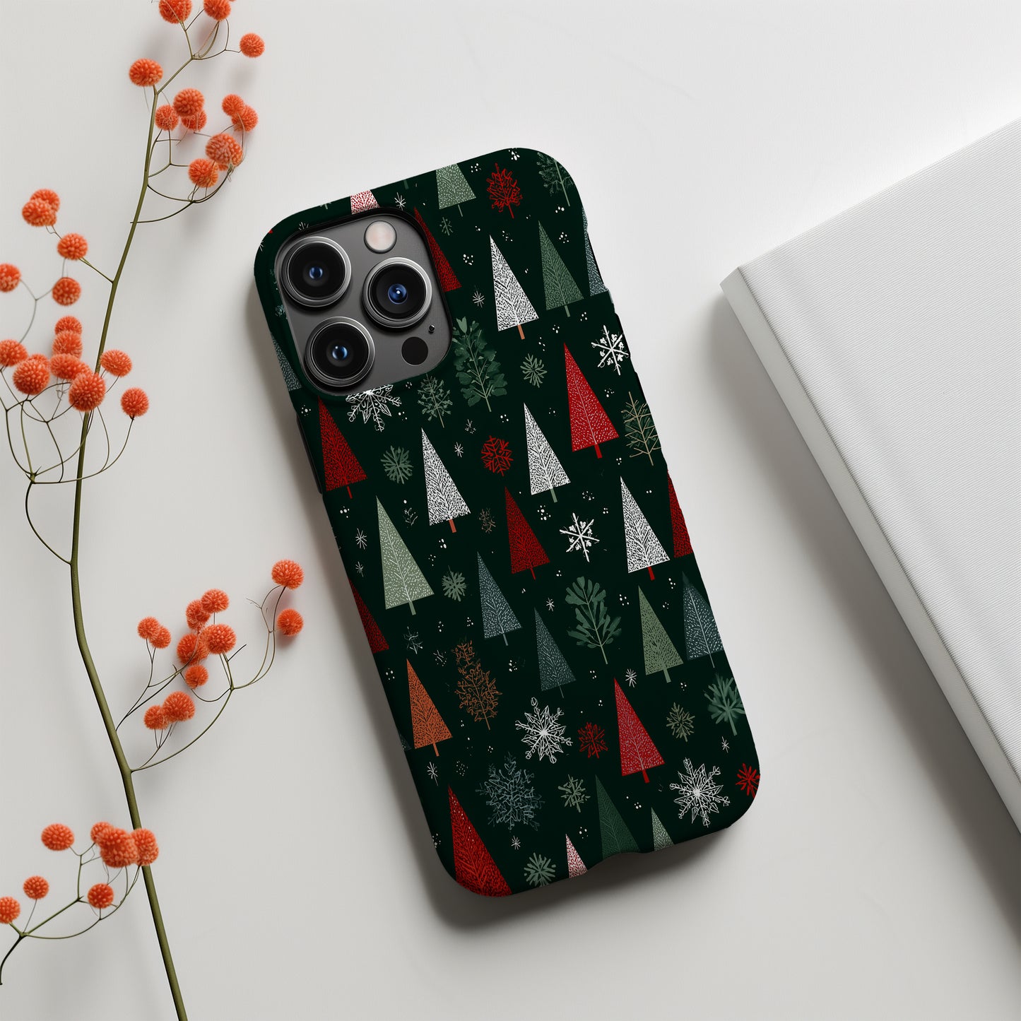 🎄 Evergreen Wonderland Protective Phone Case – Modern Christmas Tree & Snowflake Design