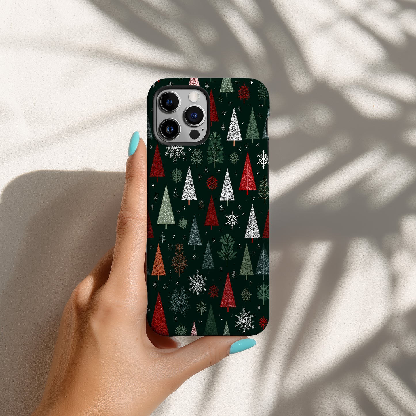 🎄 Evergreen Wonderland Protective Phone Case – Modern Christmas Tree & Snowflake Design
