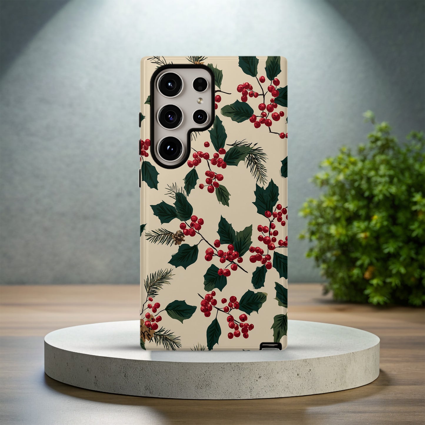 🍒 Classic Holly & Pine Protective Phone Case – Timeless Christmas Botanical Design