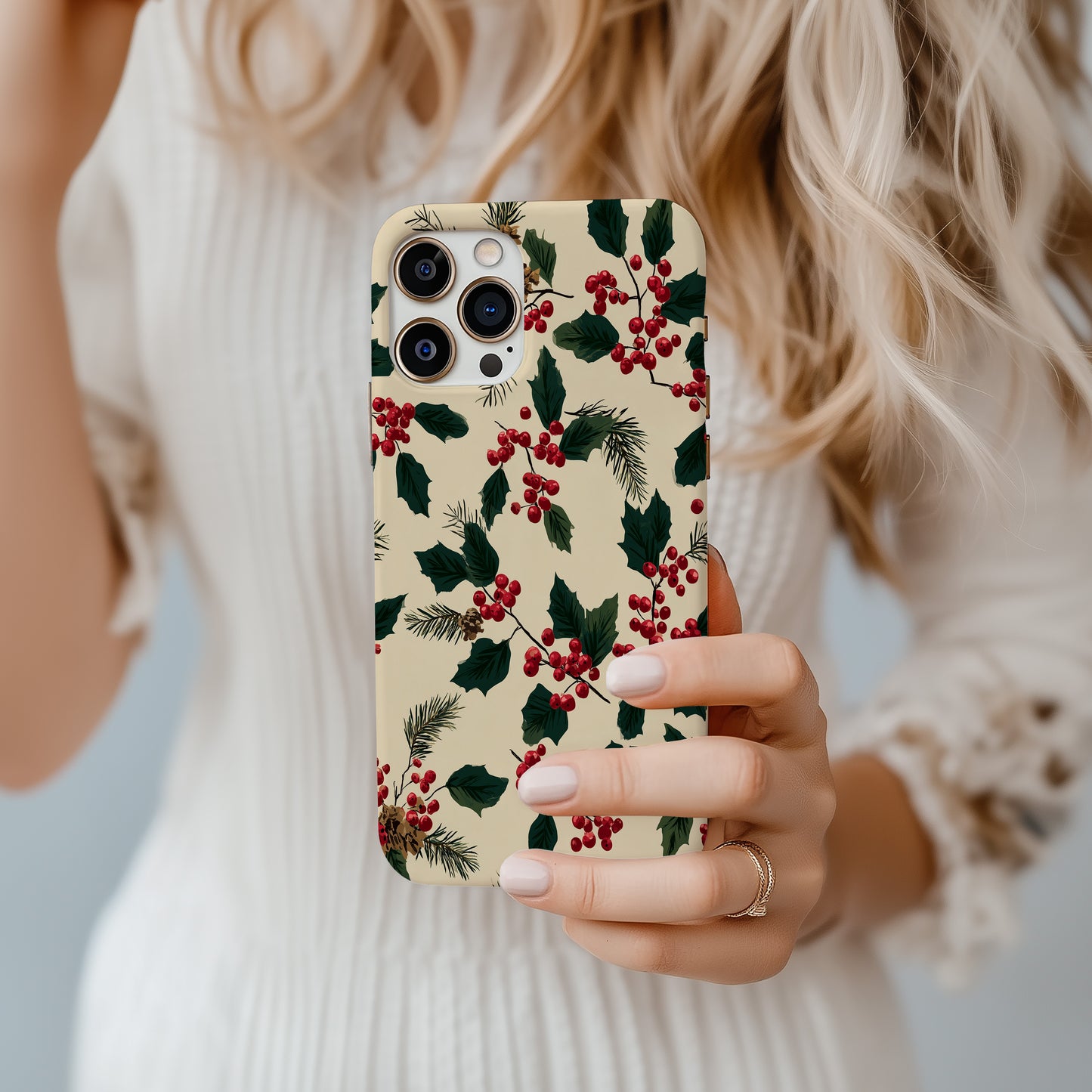 🍒 Classic Holly & Pine Protective Phone Case – Timeless Christmas Botanical Design