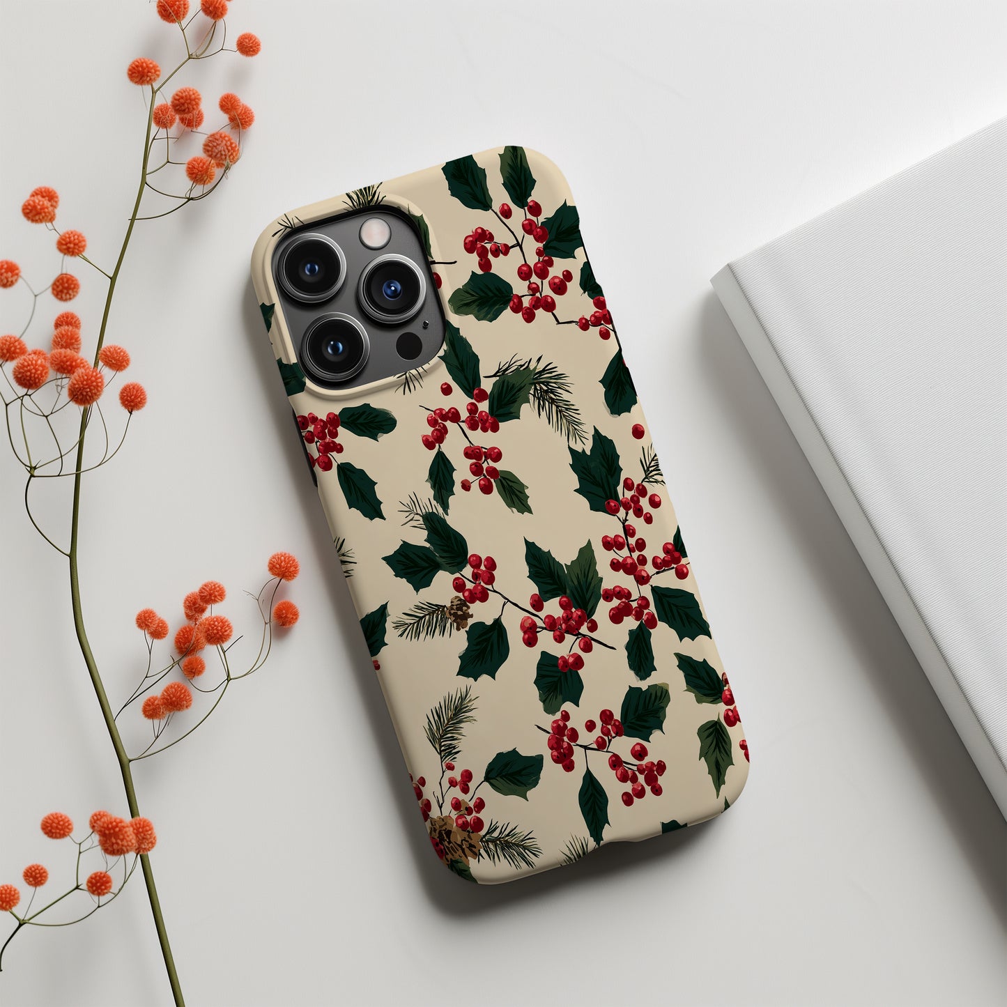 🍒 Classic Holly & Pine Protective Phone Case – Timeless Christmas Botanical Design