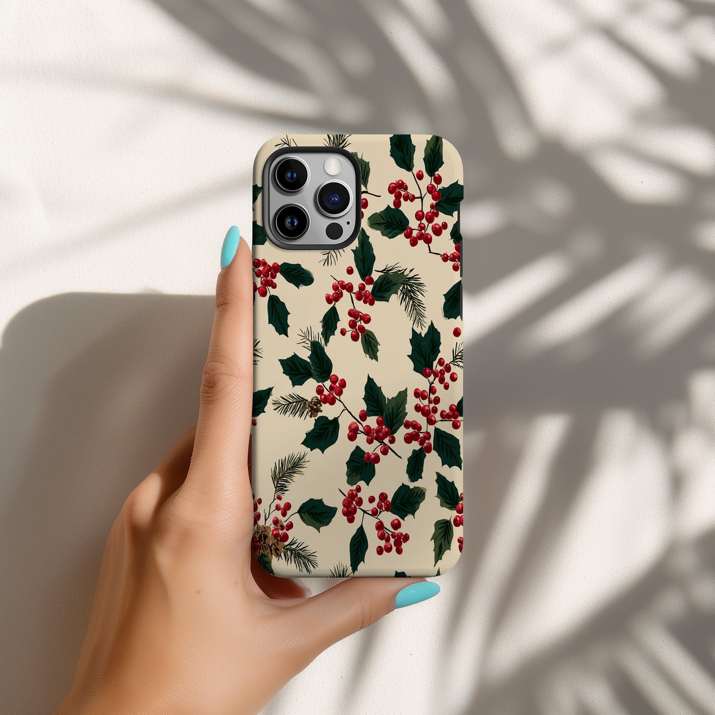 🍒 Classic Holly & Pine Protective Phone Case – Timeless Christmas Botanical Design