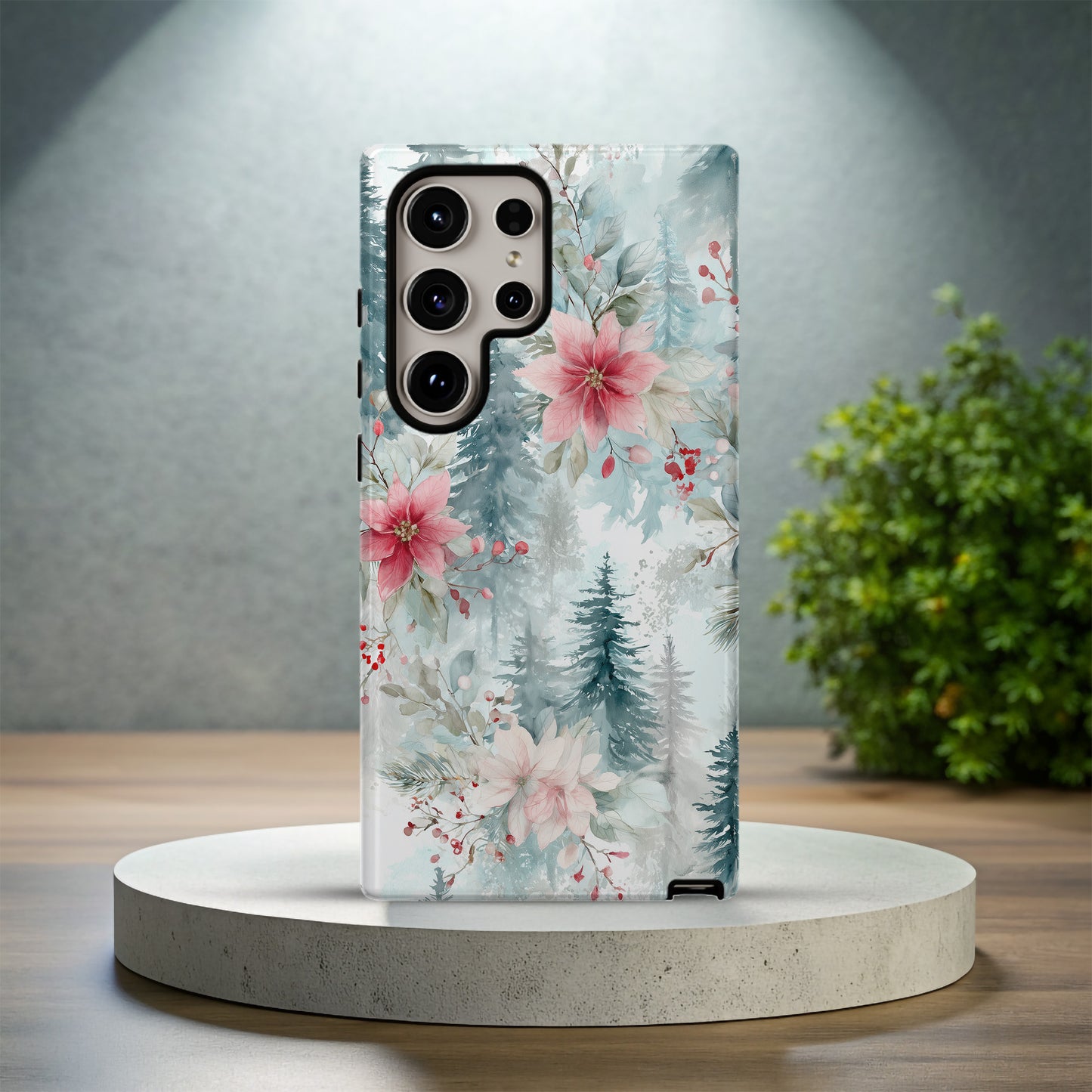 ❄️ Frosted Poinsettia Forest Protective Phone Case – Soft Winter Watercolor Design
