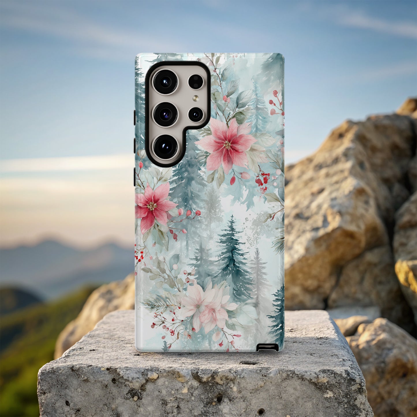 ❄️ Frosted Poinsettia Forest Protective Phone Case – Soft Winter Watercolor Design