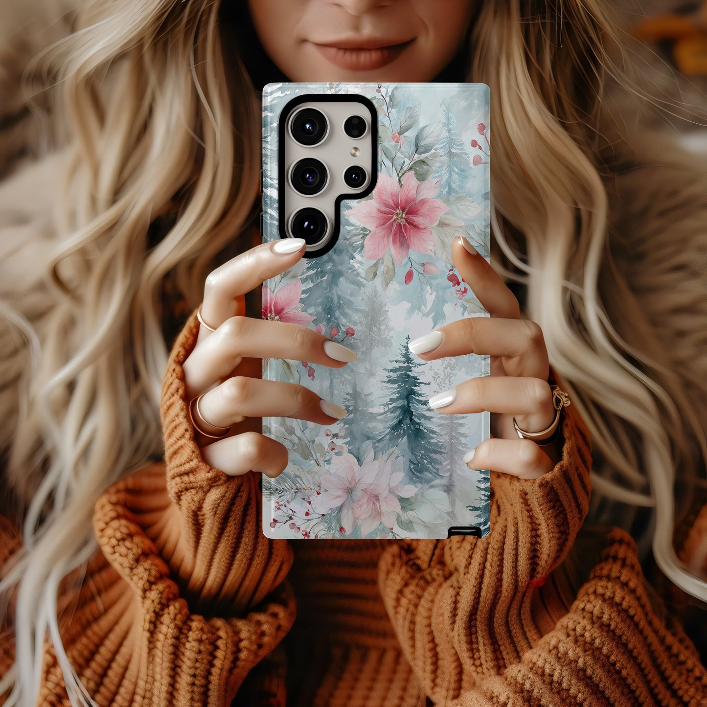 ❄️ Frosted Poinsettia Forest Protective Phone Case – Soft Winter Watercolor Design