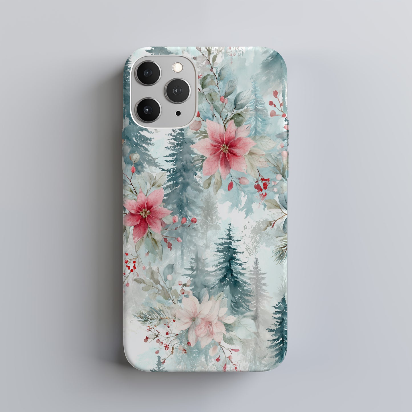 ❄️ Frosted Poinsettia Forest Protective Phone Case – Soft Winter Watercolor Design