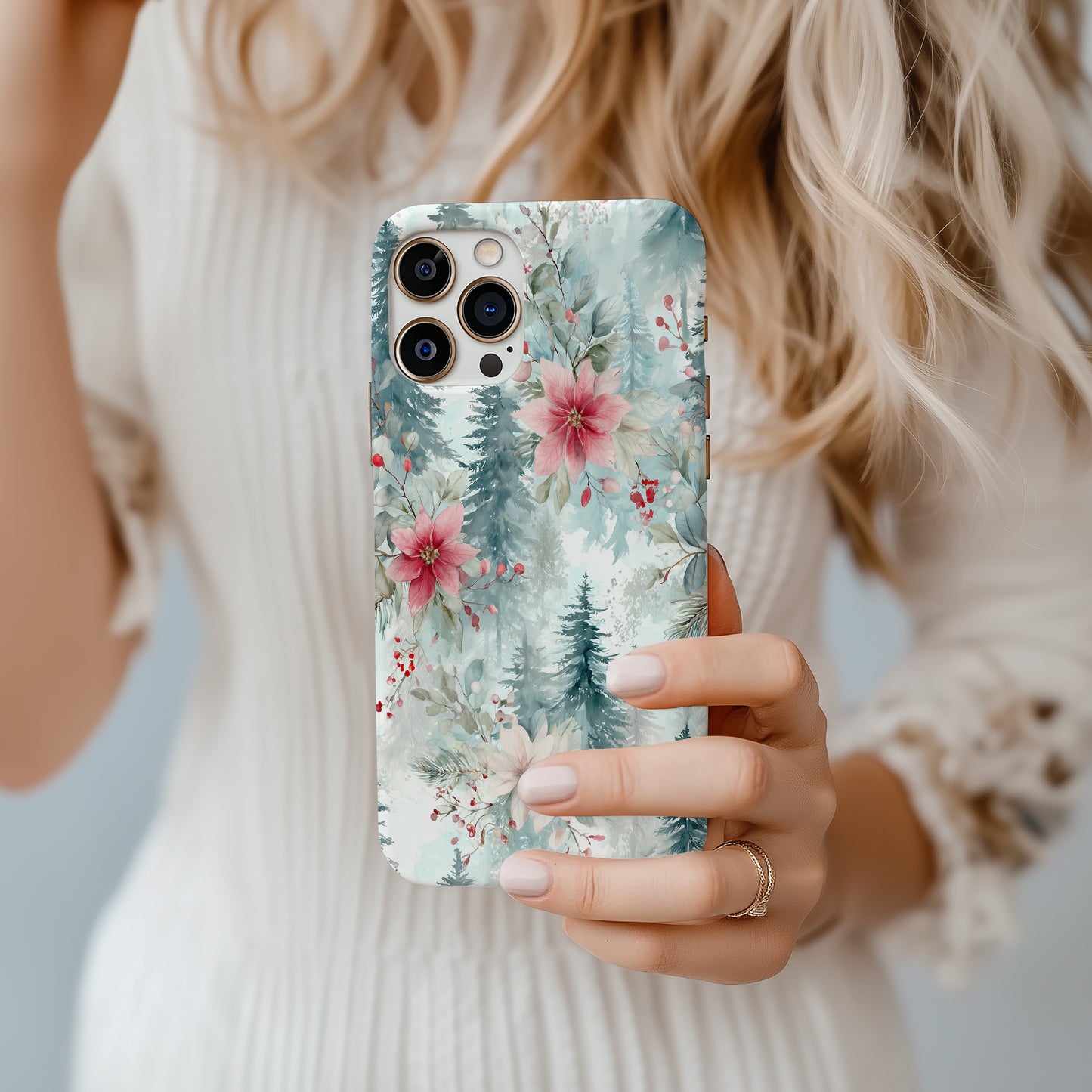 ❄️ Frosted Poinsettia Forest Protective Phone Case – Soft Winter Watercolor Design