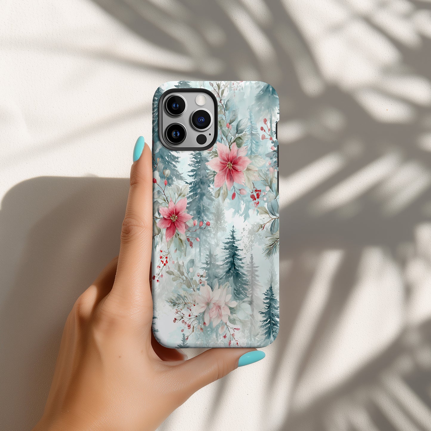 ❄️ Frosted Poinsettia Forest Protective Phone Case – Soft Winter Watercolor Design