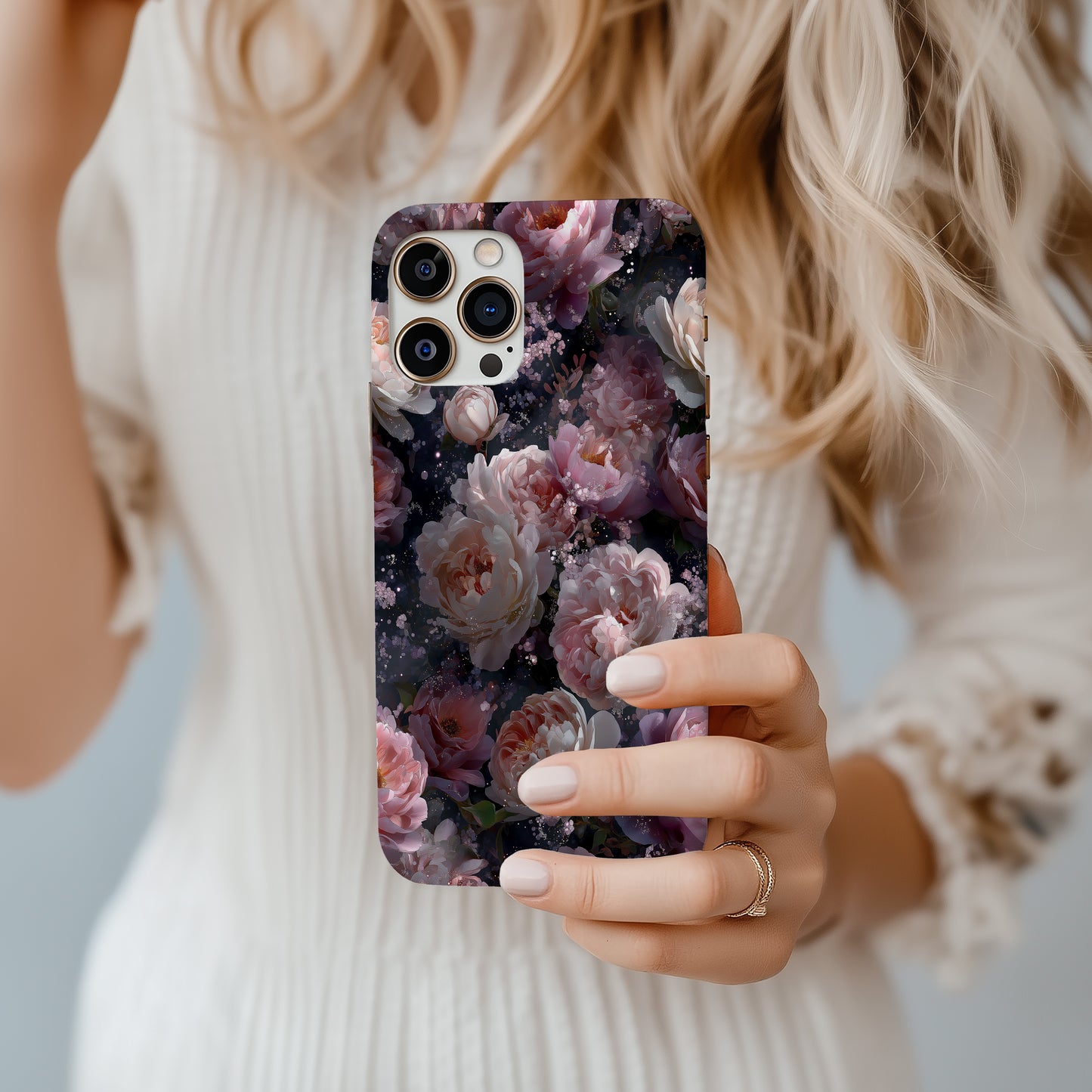 🌙 Midnight Peony Glow Phone Case – Elegant Dark Floral Protective Case