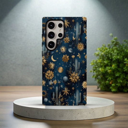 Celestial Desert Dreams – Gold Cosmic Cactus Protective Phone Case