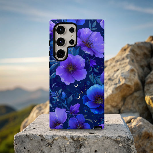 Midnight Bloom – Cosmic Blue & Violet Floral Protective Phone Case