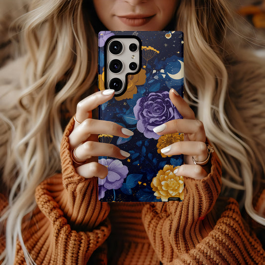 Moonlit Garden Luxe – Gold & Violet Night Floral Protective Phone Case
