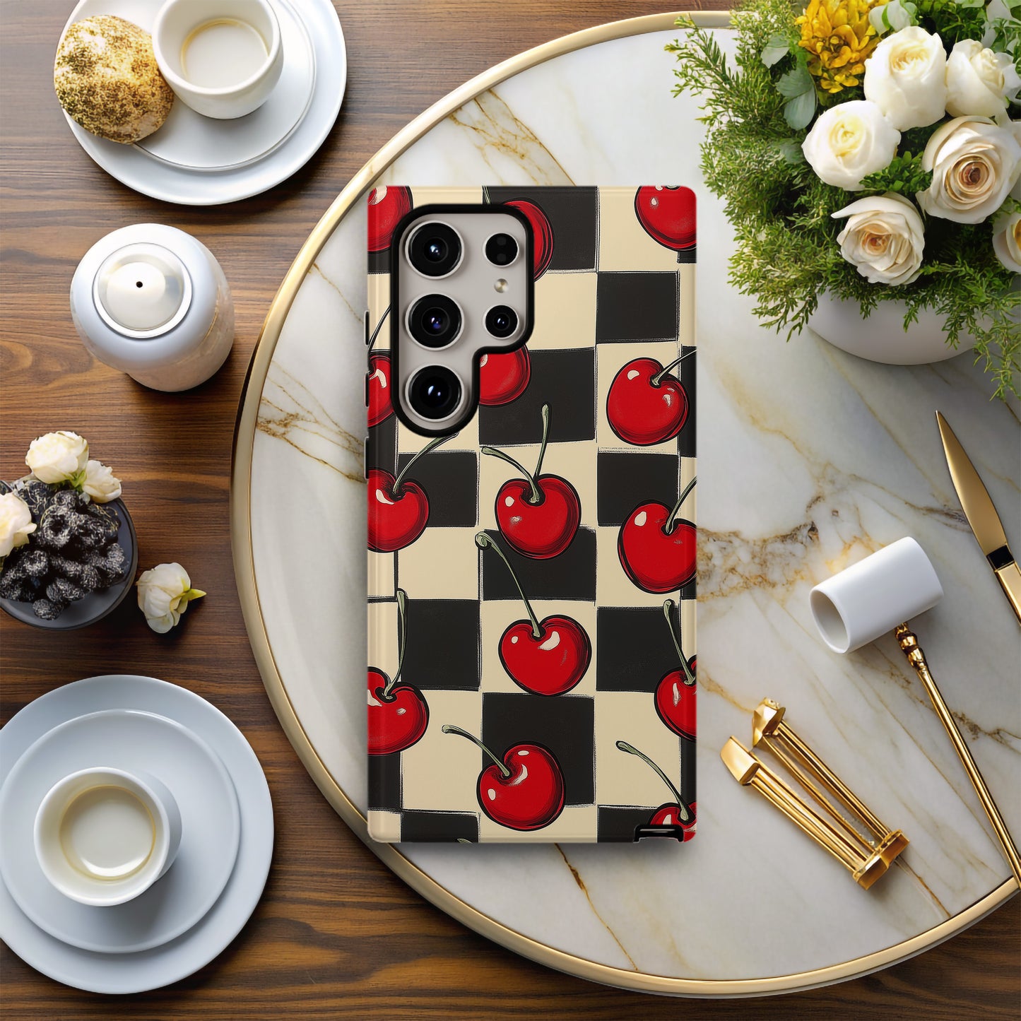 Retro Cherry Checkerboard Protective Phone Case