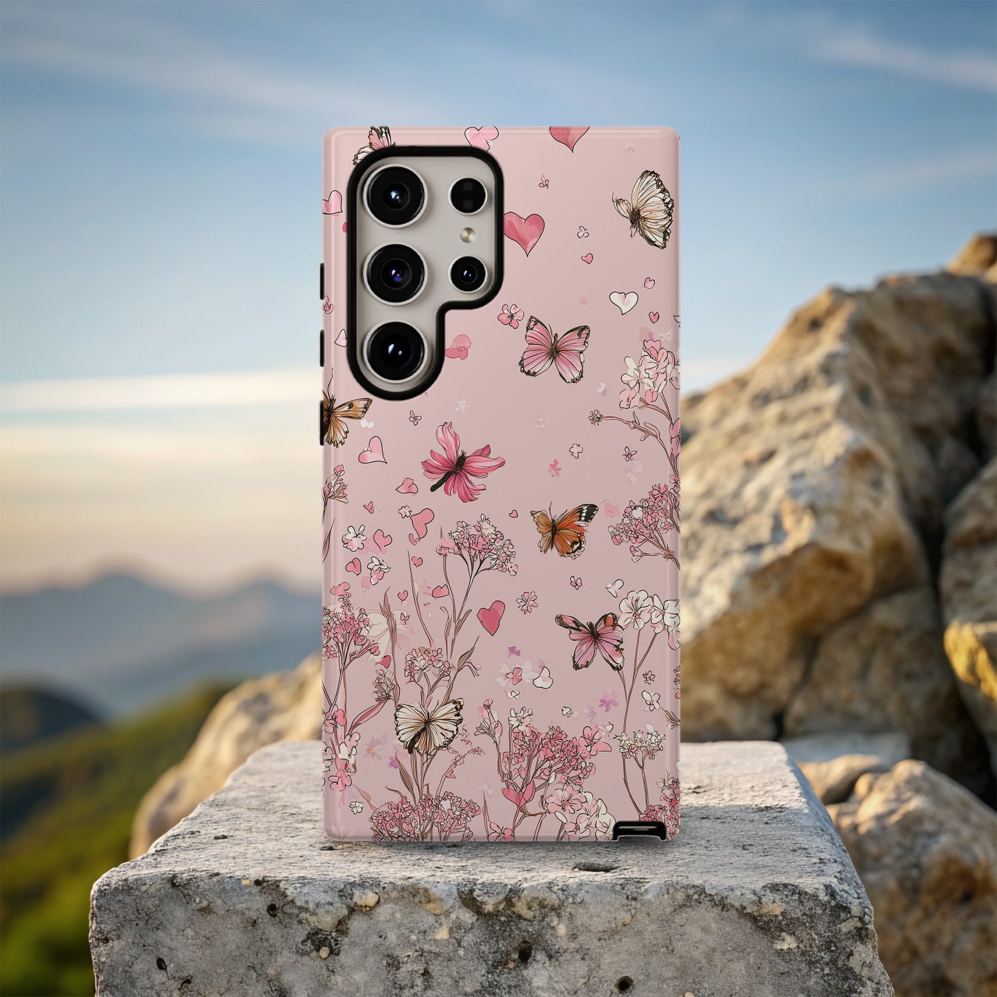 Blush Butterfly Hearts Protective Phone Case