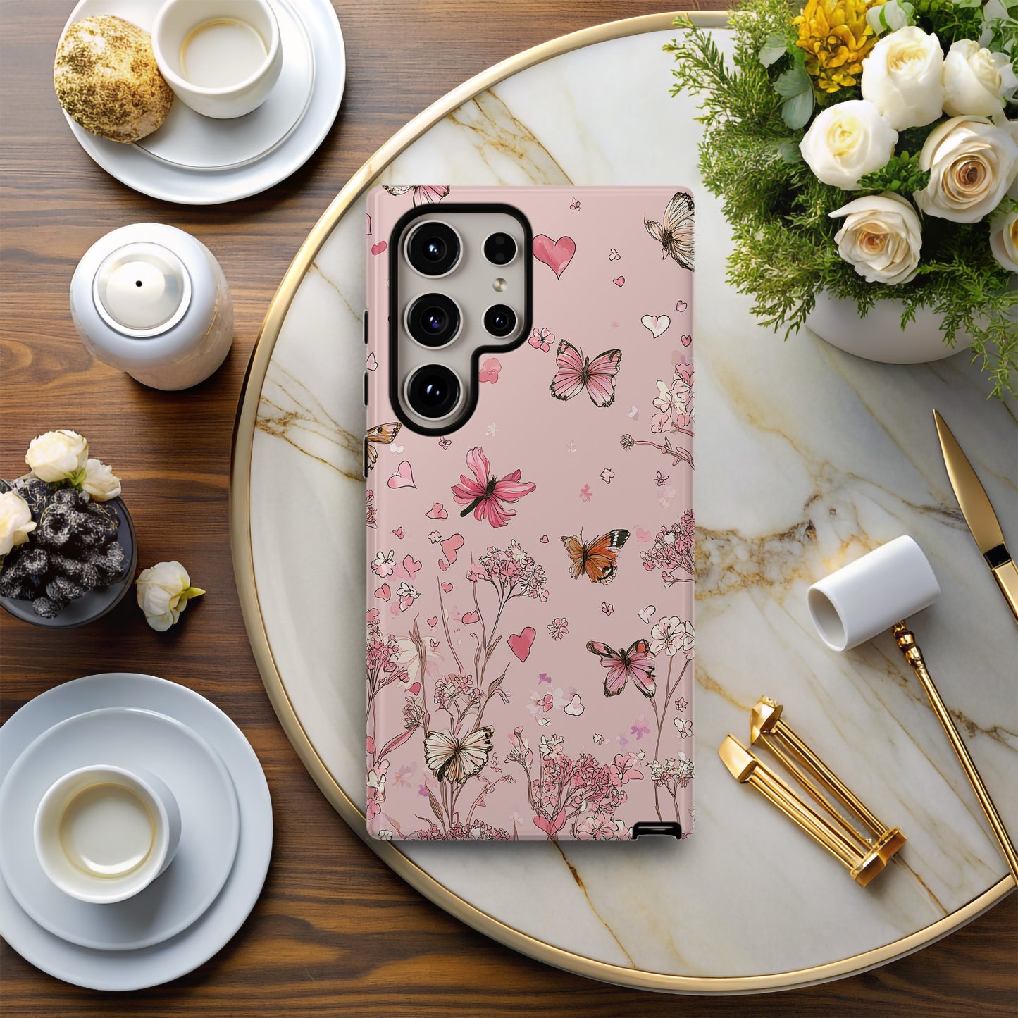 Blush Butterfly Hearts Protective Phone Case