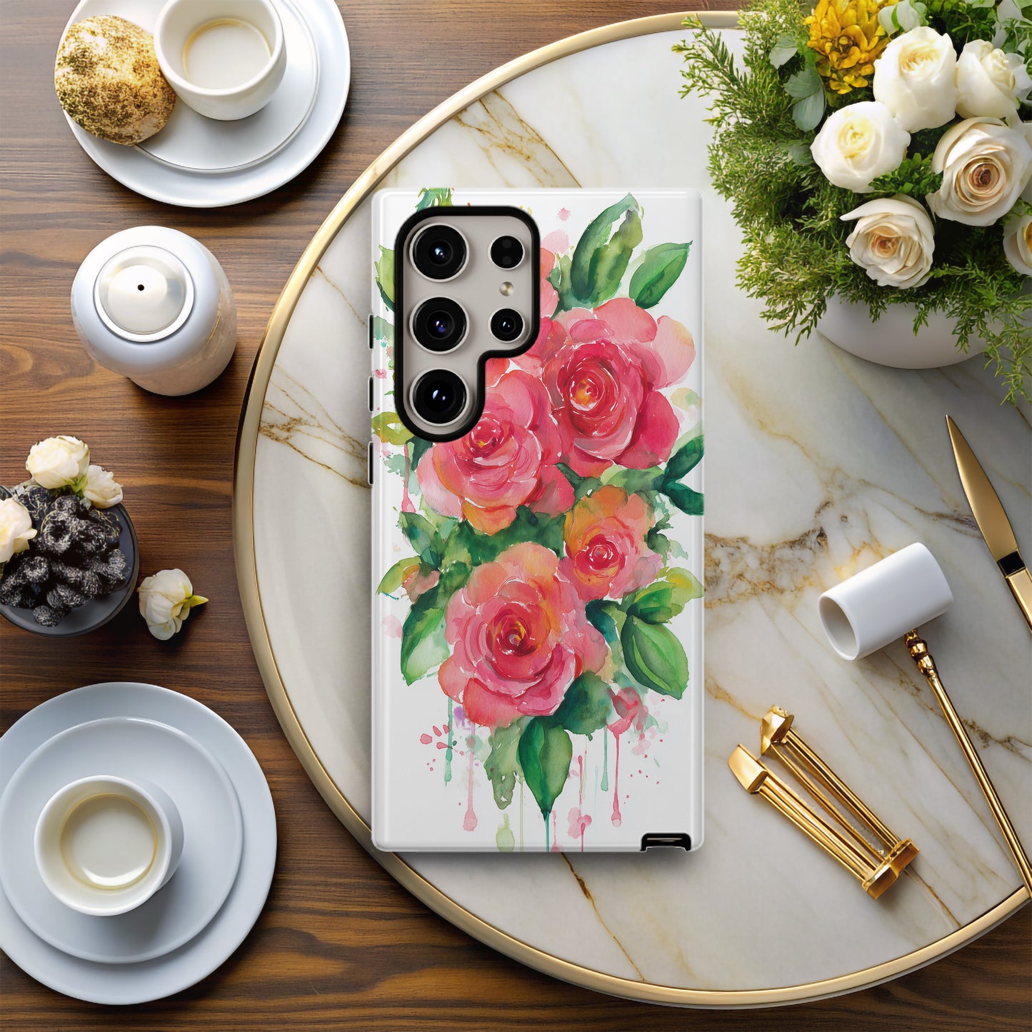 Coral Watercolor Rose Protective Phone Case