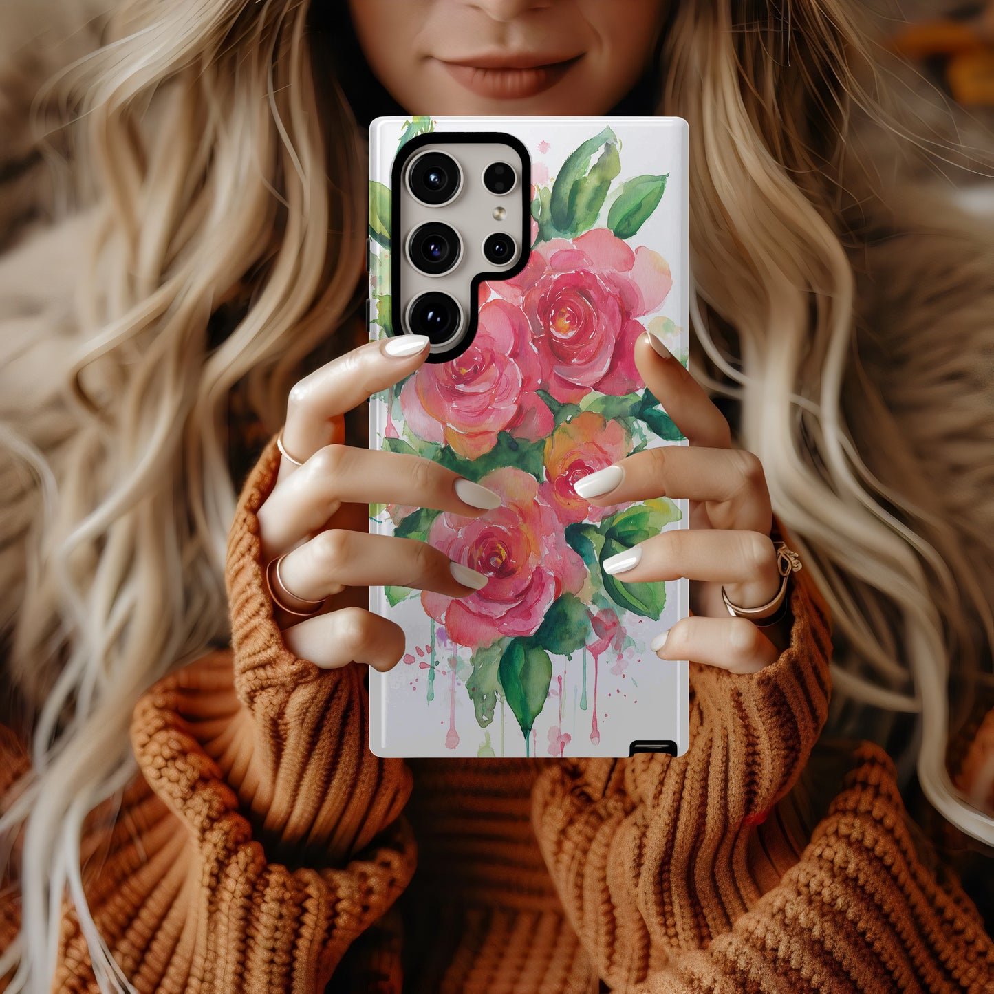 Coral Watercolor Rose Protective Phone Case